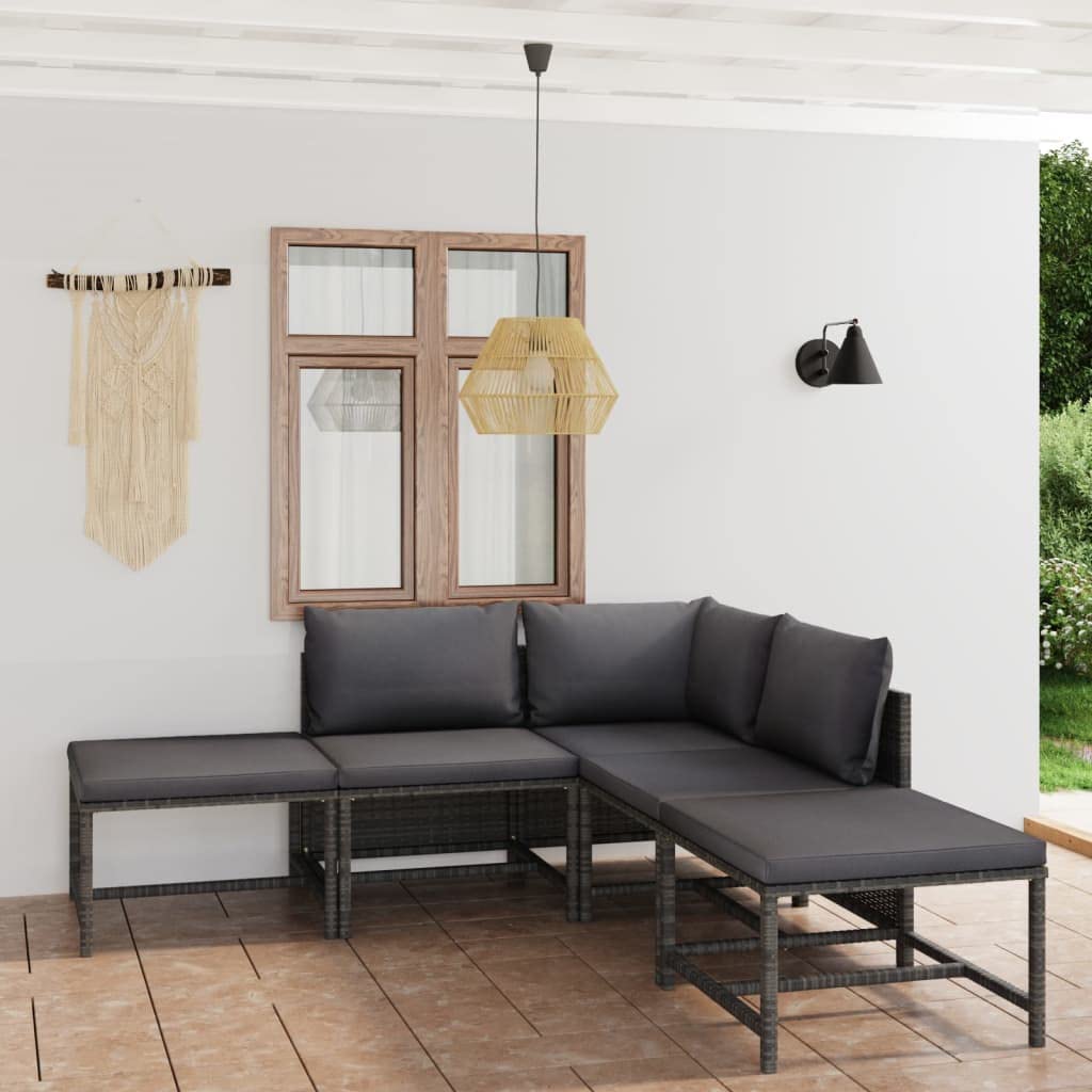 vidaXL 6-Piece Outdoor Lounge Set with Cushions - Poly Rattan Patio Furniture, Modular Design, Removable & Washable Gray Cushion Covers - Perfect for Garden, Poolside & Backyard Relaxation