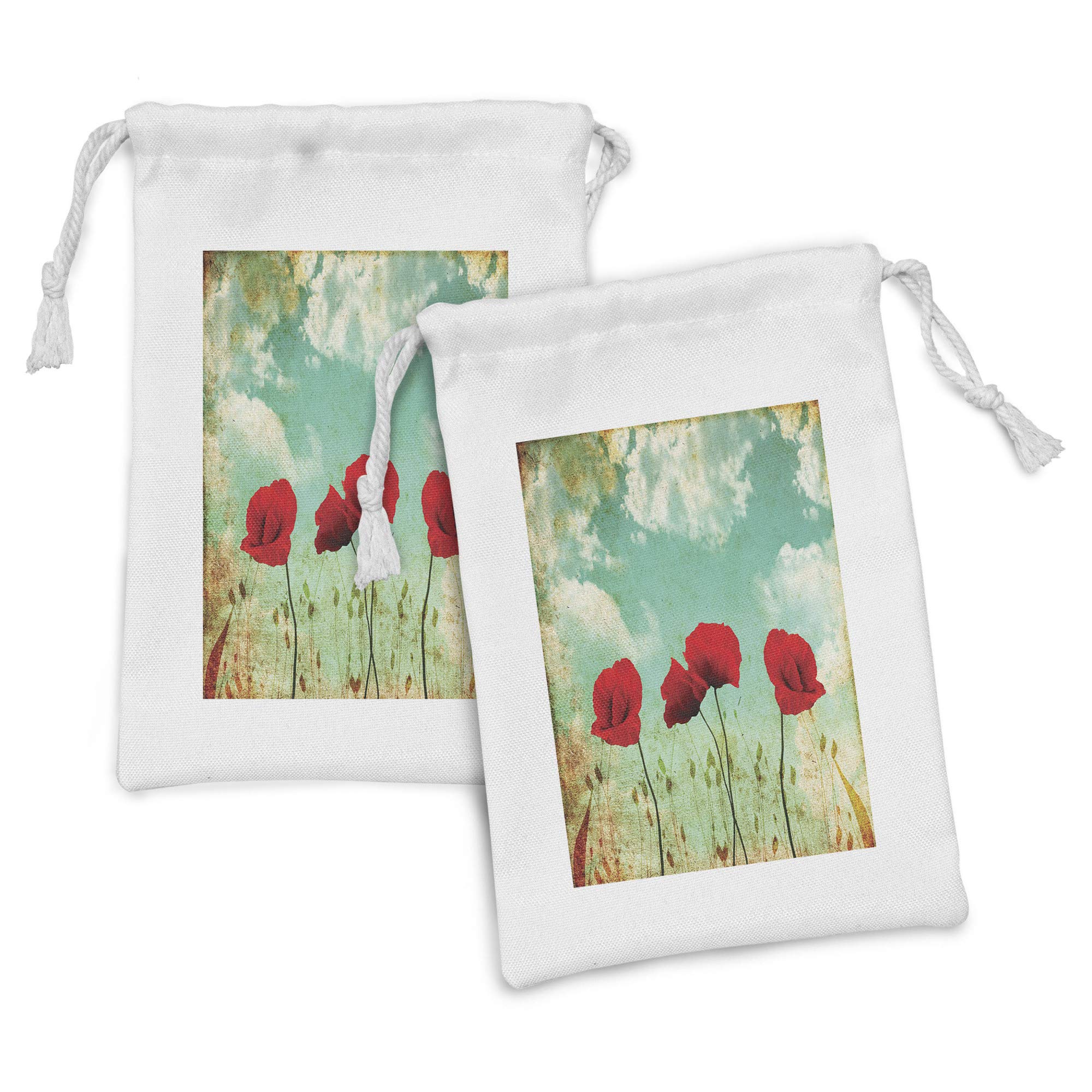 Ambesonne 2-Pack Poppies Fabric Drawstring Pouch Set - Meadow Floral Design for Toiletries, Masks & Favors (9