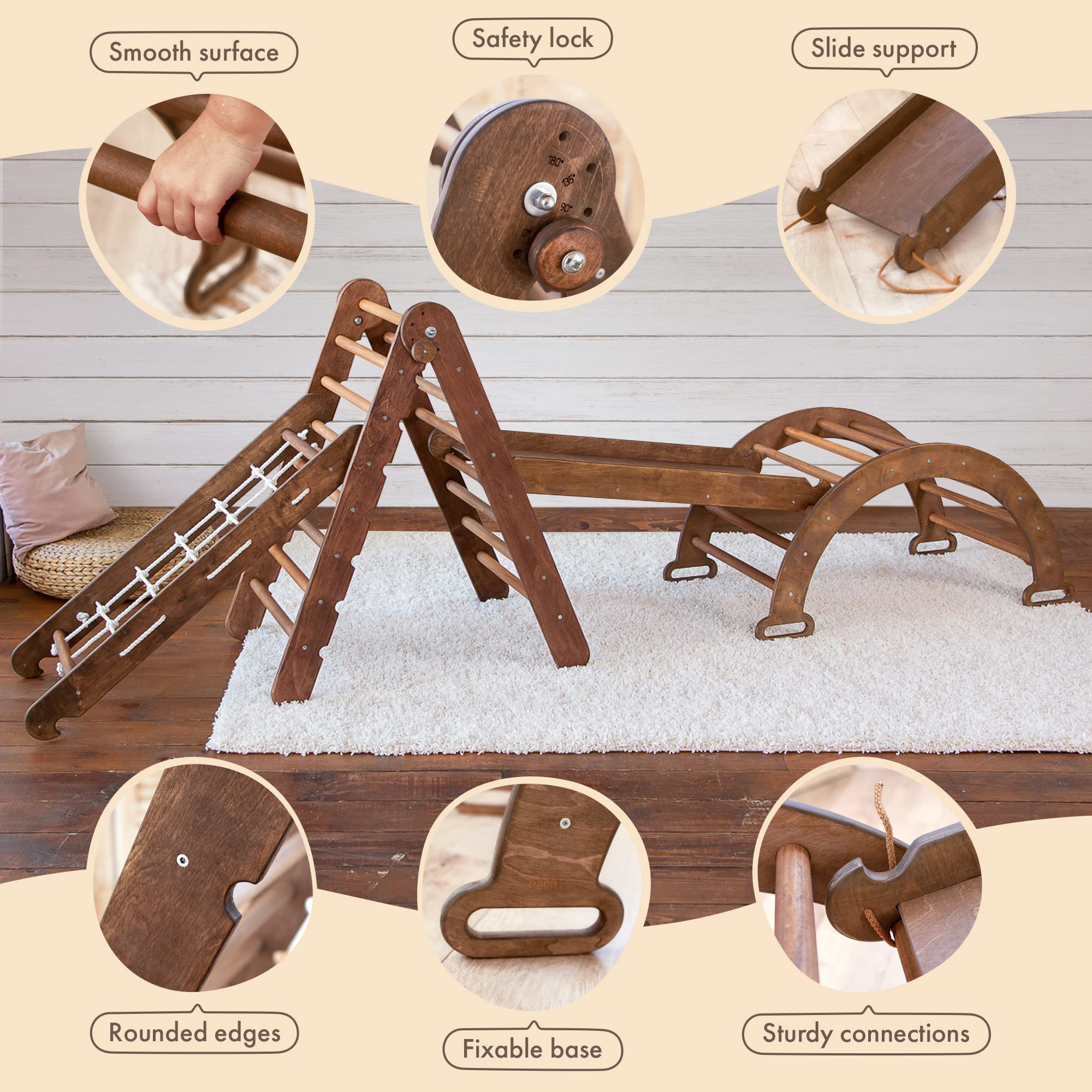Montessori Climbing Set 4-in-1 for Kids - Wooden Climbing Triangle, Ramp, Arch & Ladder with Soft Choco Pillow | Indoor Play Equipment for Toddler Development & Home Gym