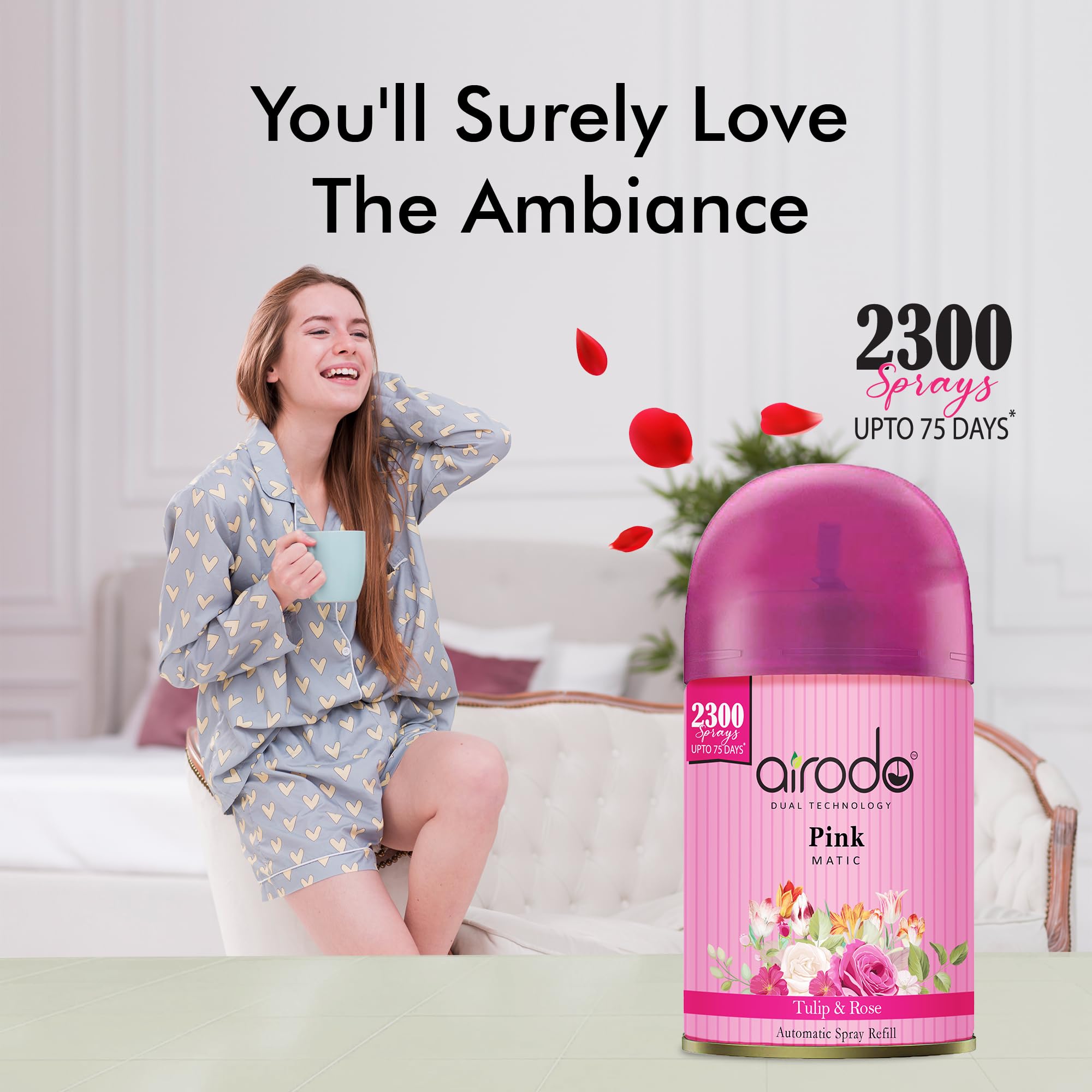 Airodo Automatic Room Freshener Refill - 2300 Sprays per Bottle, Pink Scent, Air Matic Boost Technology for Home & Office Fragrance - Perfect for Living Room, Bedroom, Bathroom, and Car