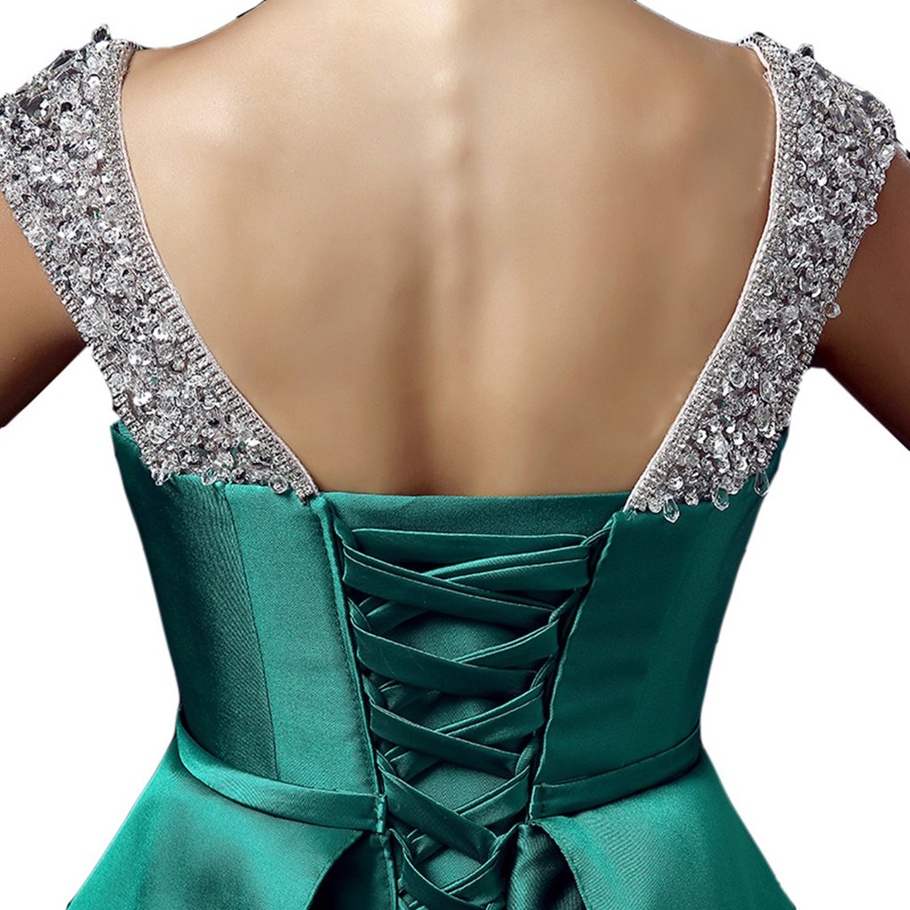 Emanni Women's Long Train Beaded Formal Evening Gown with Double Shoulder Strap - Hunter Green - Perfect for Prom, Gala, Wedding and Special Occasions
