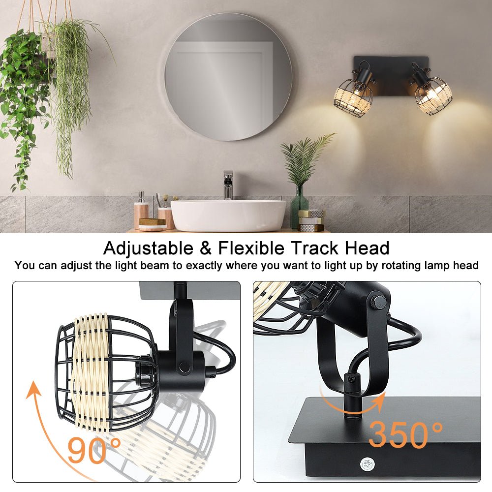 Depuley LED Ceiling Light - 2-Way Rotatable Spotlight, Industrial Swivel Kitchen Light with Black Metal Cage & Rattan Shade for Living Room, Dining Room, Bedroom | Modern Rustic Lighting for Home, Cafe, Restaurant Decor