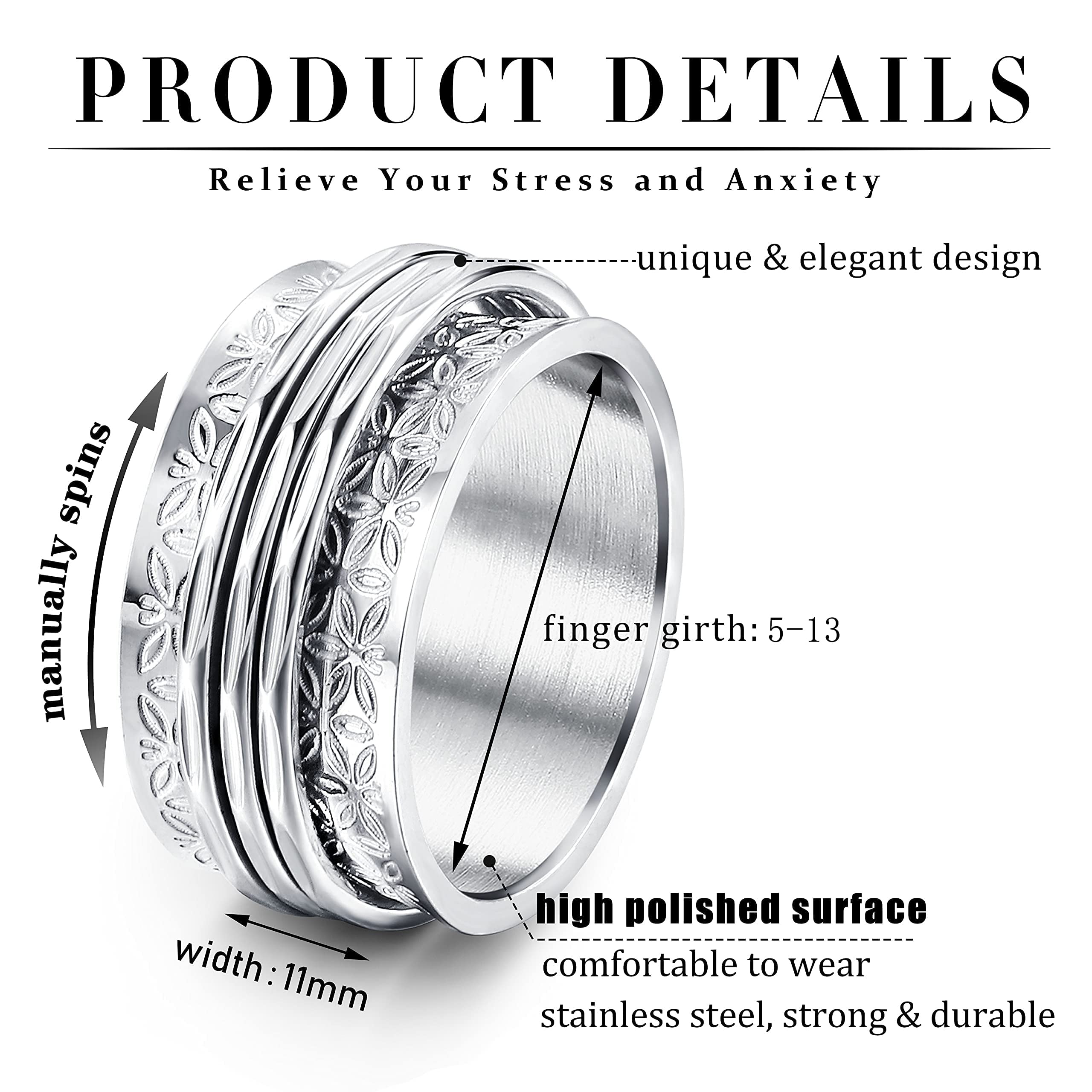 Magitaco Stainless Steel Spinner Rings for Anxiety Relief - Moon, Star, Flower & Butterfly Design Fidget Rings for Women & Men - Perfect for Stress Relief, Focus & Sensory Stimulation at Work, School or Home