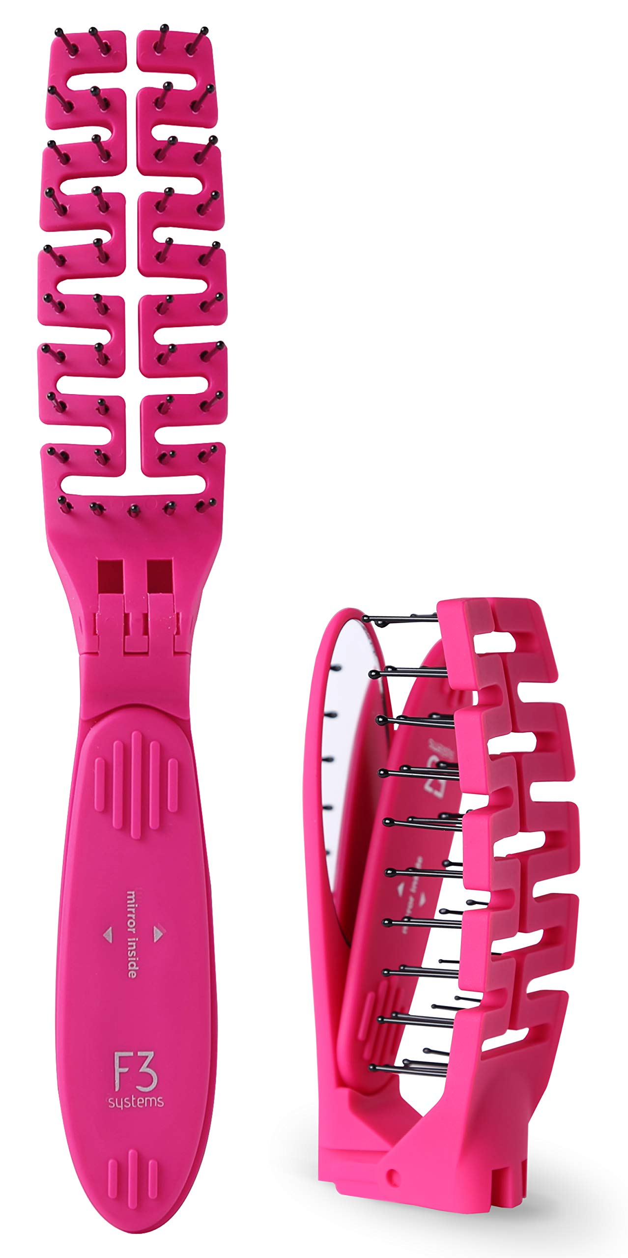 F3 Systems Folding Hair Brush with Mirror - Compact Travel Hairbrush for Adults & Kids, Detangling Comb for Wet & Dry Hair - Portable Pocket Size for Shiny Healthy Hair - Perfect for Travel, Gym, Purse & On-the-Go Styling