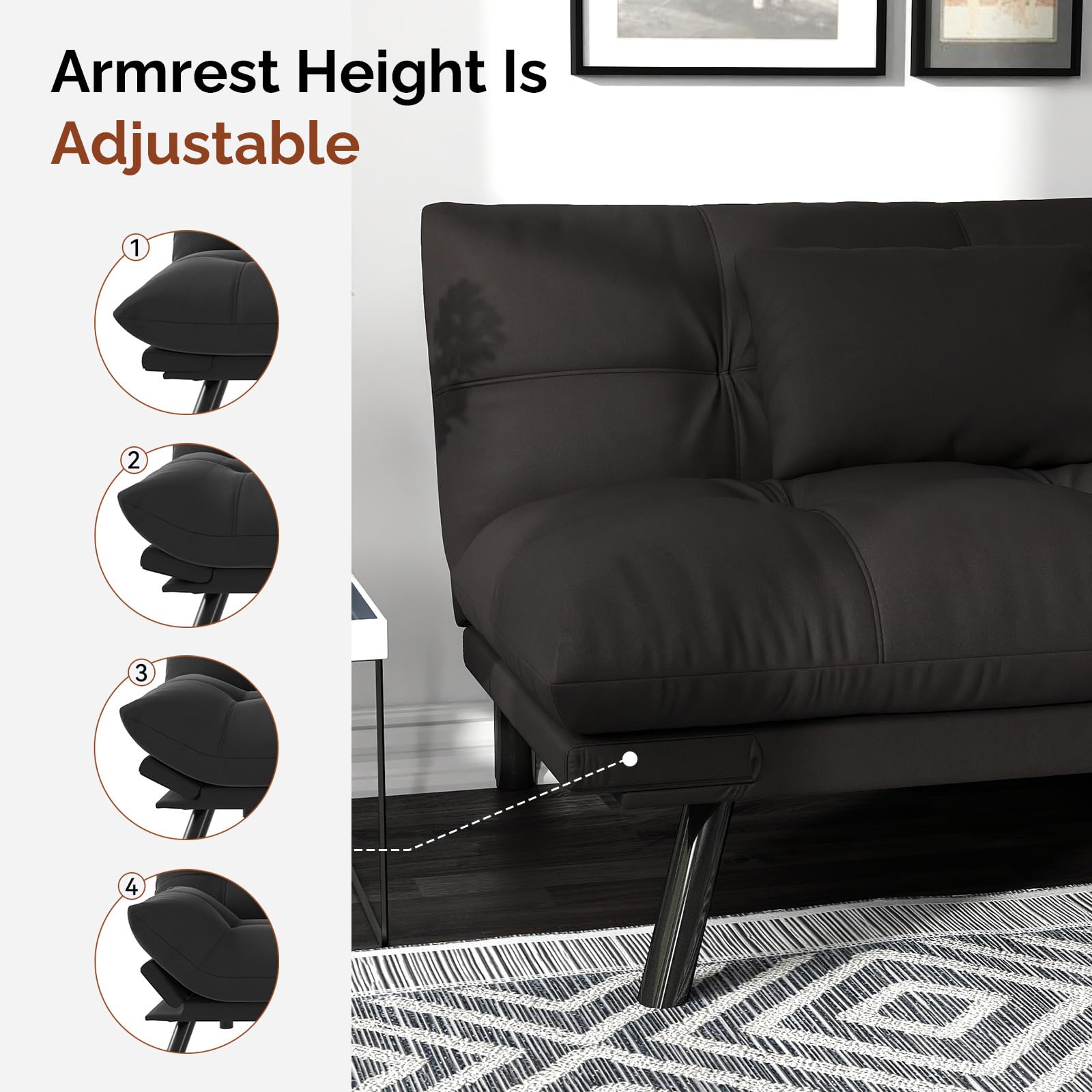 Convertible Futon Sofa Bed with Water-Resistant Fabric & 2 Cushions - Light Black | Space-Saving Sleeper Sofa for Small Apartments, Guest Rooms & Dorm Living