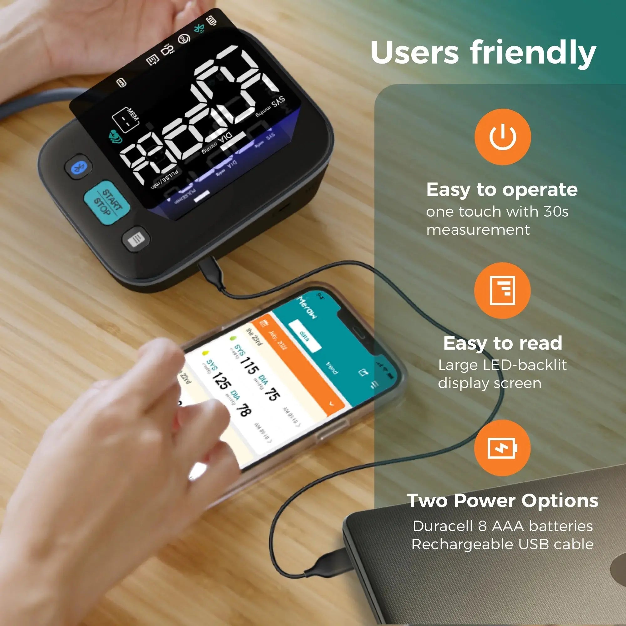 Wireless Bluetooth Blood Pressure Monitor with Cedar Wood Design - Accurate & Portable for Home Use, Travel, and Health Tracking
