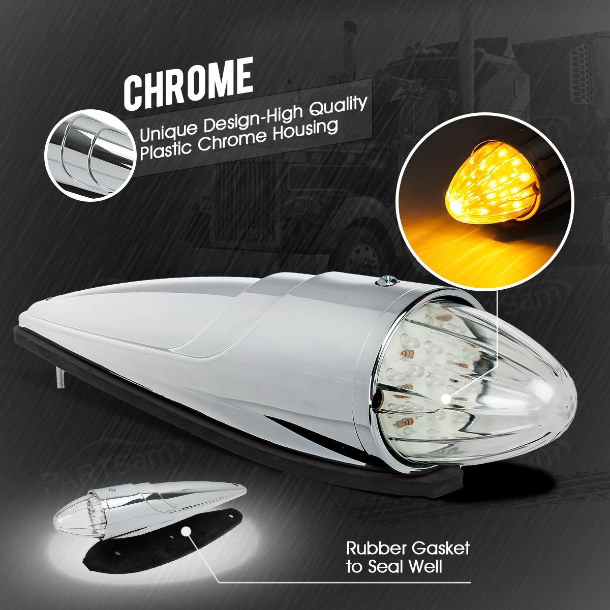 Partsam 5pc Super Bright Amber Yellow 17 LED Clear Lens Torpedo Cab Marker Lights - Compatible with Kenworth, Peterbilt, Freightliner, International & Mack Paccar Semi Trucks - Durable Roof Running Lights for Enhanced Visibility & Safety in Low Light Conditions