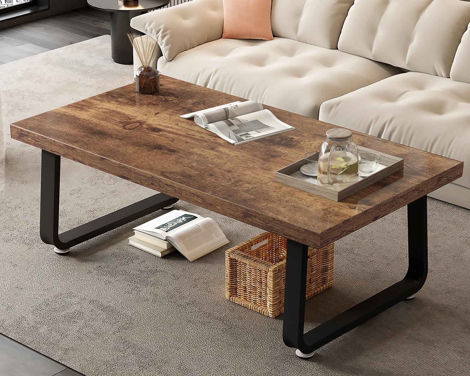 HSH Industrial Modern Wooden Coffee Table - 47 Inch Rectangle Rustic Brown Farmhouse Center Table for Living Room, Bedroom & Home Office - Minimalist Wood & Metal Cocktail Tea Table for Small Spaces & Apartment Decor