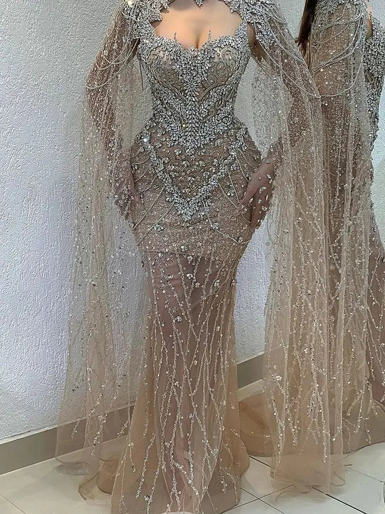 Elegant Nude Mermaid Evening Dress with Beaded Crystal Removable Cape Sleeves - Formal Gown for Prom, Wedding & Red Carpet Events | Serene Hill LA72539
