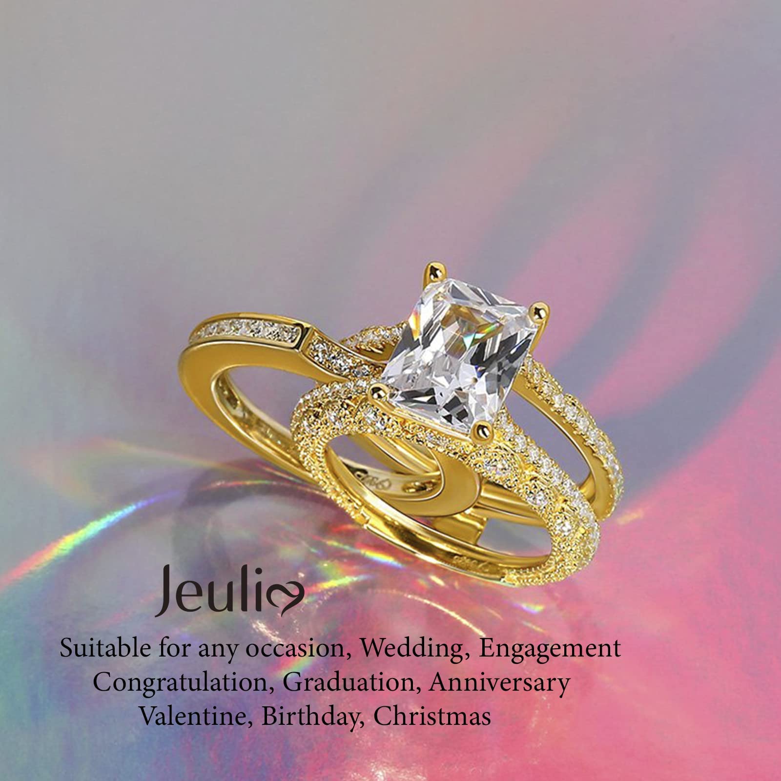 Jeulia 3PC CZ Diamond Engagement Ring Set - Radiant Cut Wedding Promise Anniversary Rings with Side Stones, Romantic Jewelry Gift for Her in Gift Box | Perfect for Proposals, Anniversaries & Special Occasions