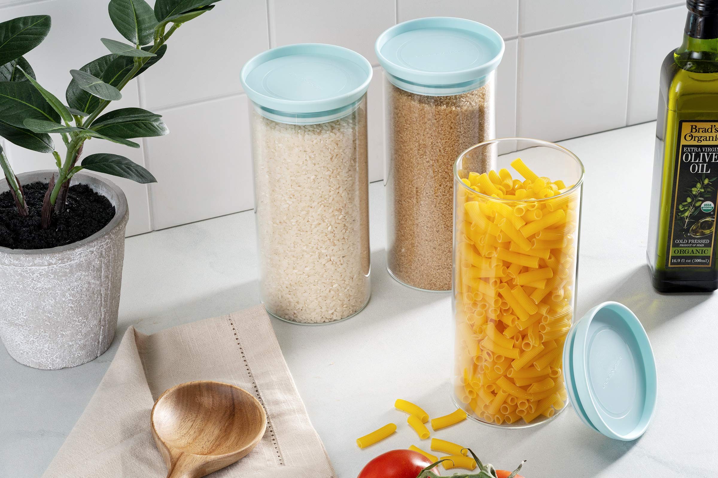 Godinger Glass Food Storage Containers with Lids - 3 Piece Set, Airtight Kitchen Canisters for Flour, Sugar, Coffee & Dry Goods - Perfect for Pantry Organization & Baking Supplies Storage