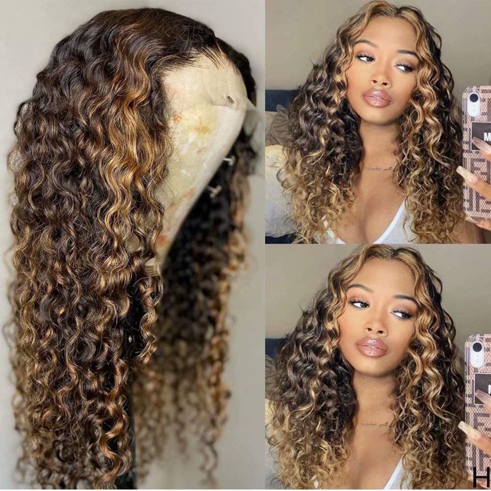 180% Density Ombre Blonde 1B/27 Color Curly Human Hair Wig for Black Women - Deep Wave HD Lace Front Wig with Highlight, 13x6 Lace Frontal, Pre-Plucked Bleached Knots, 14