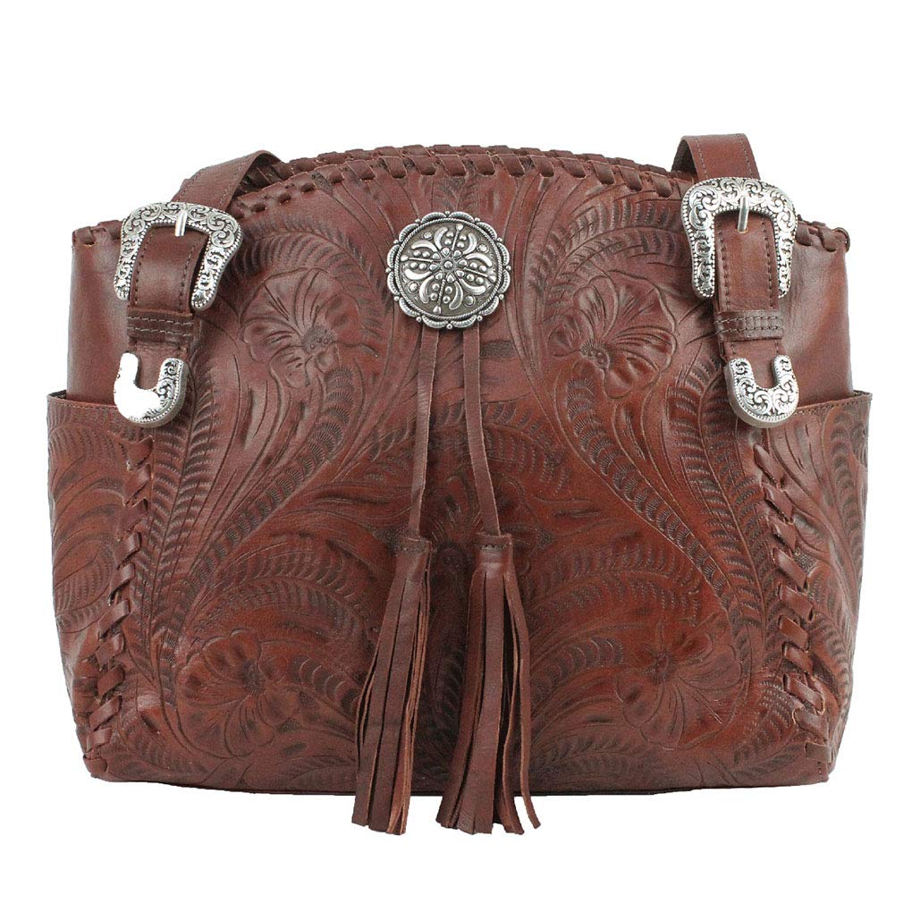 American West Leather Multi Compartment Tote Bag with Purse Holder - Genuine Leather Crossbody Handbag for Women (Brown Bolo Concho) - Perfect for Work, Travel & Everyday Use