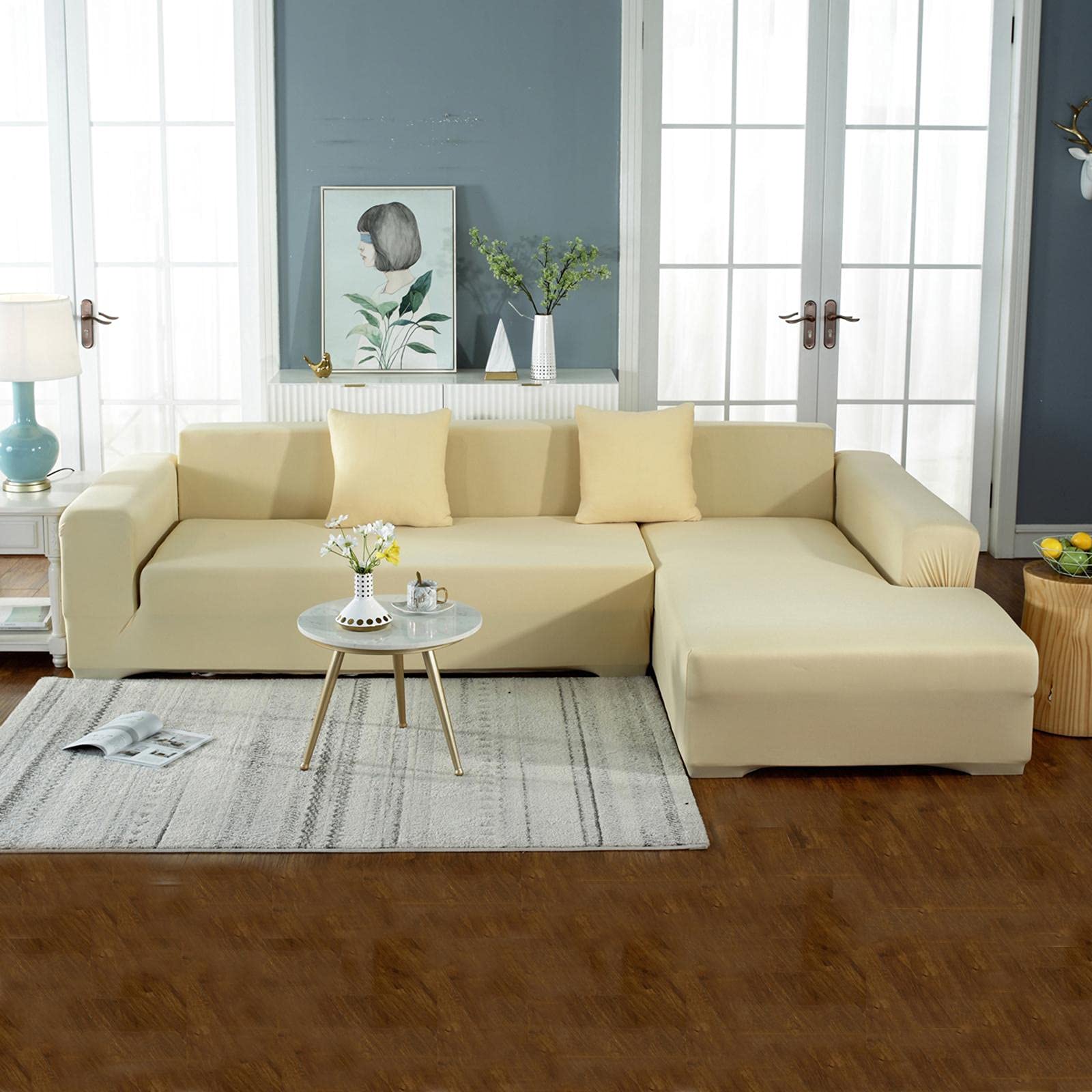 L-Shaped Elastic Sectional Sofa Cover - Non-Slip Furniture Protector for 4+4 Seat Couch, Washable & Durable Chaise Lounge Covers in Brown | Perfect for Living Room, Family Room & Home Theater Seating