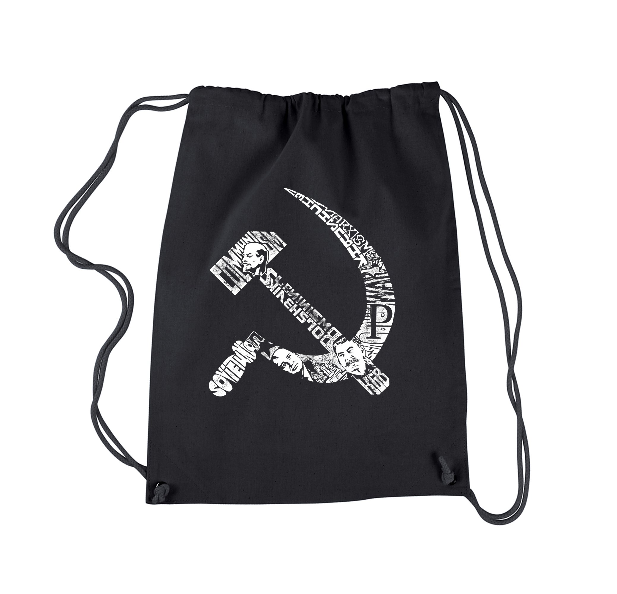 LA POP ART Drawstring Backpack with Soviet Hammer & Sickle Design - Black Word Art School Bag for College Students & Commuters