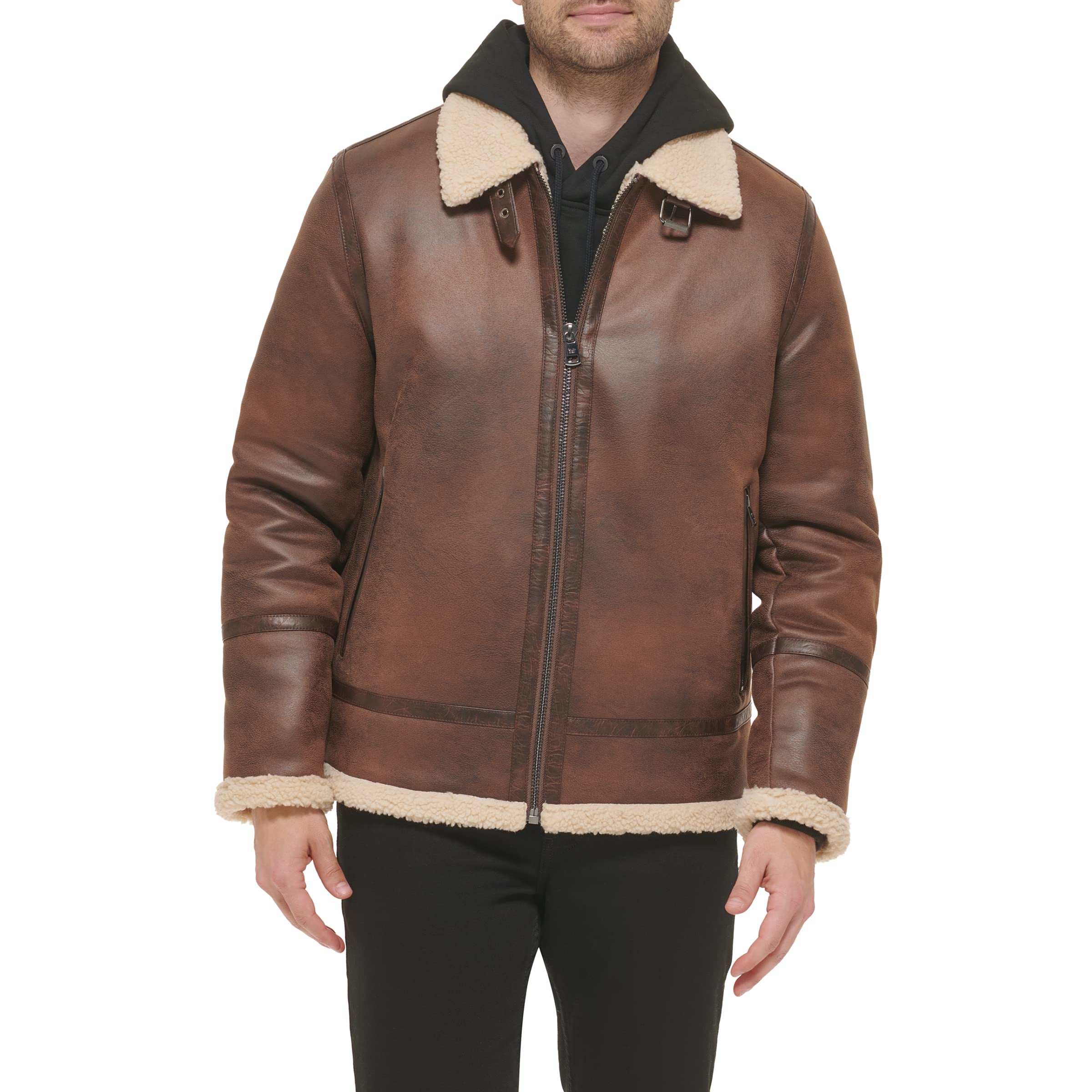 Calvin Klein Men's Faux Leather Bomber Jacket with Warm Shearling Lining - Stylish Winter Outerwear for Casual & Night Out
