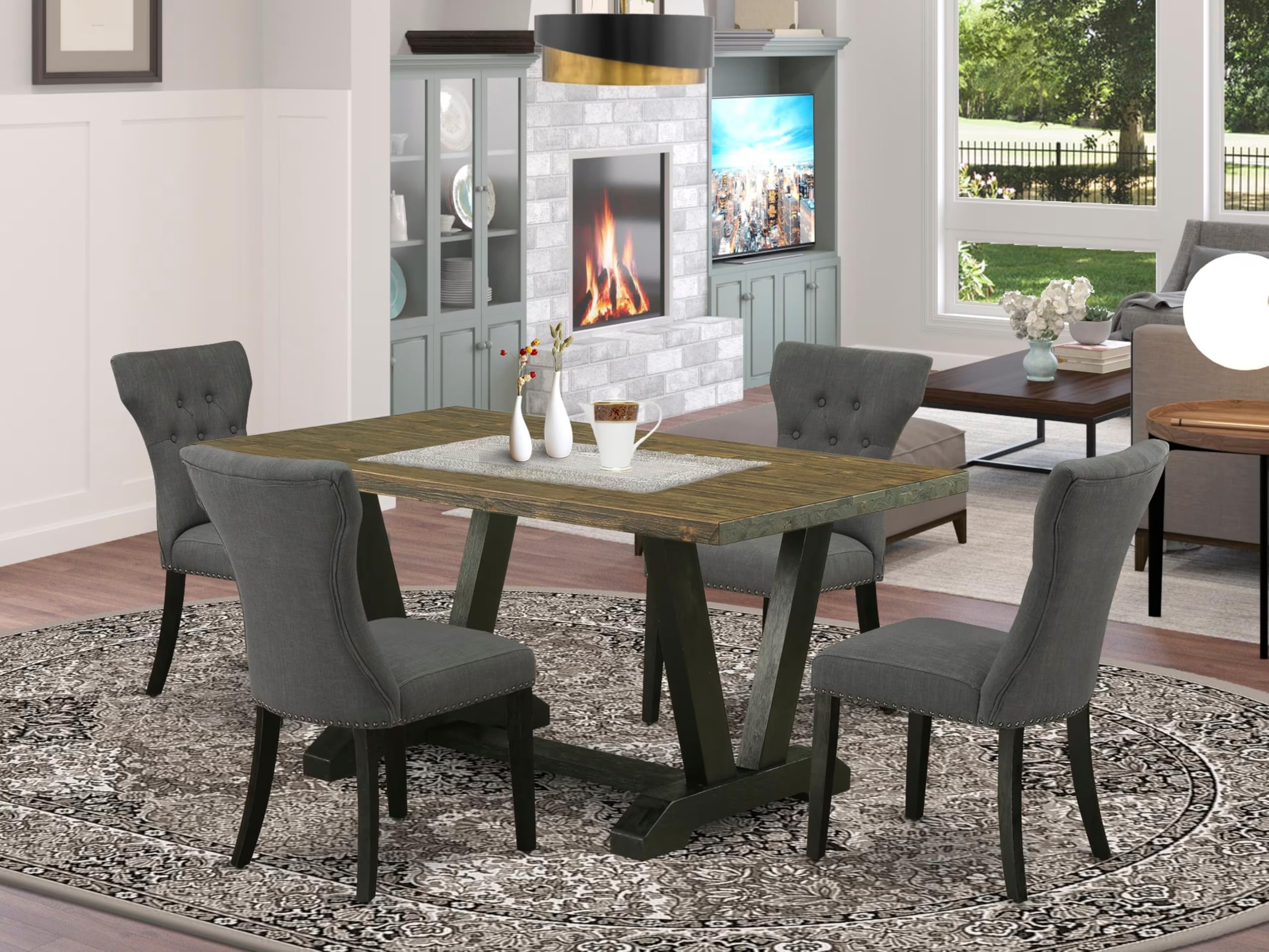 East West Furniture 5-Piece Kitchen Dining Set - 36x60 Inch Rectangle Table with V-Legs & 4 Dark Gotham Fabric Chairs | Modern 4-Seater Table Set for Small Spaces | Perfect for Breakfast Nooks, Apartments, and Cozy Family Meals