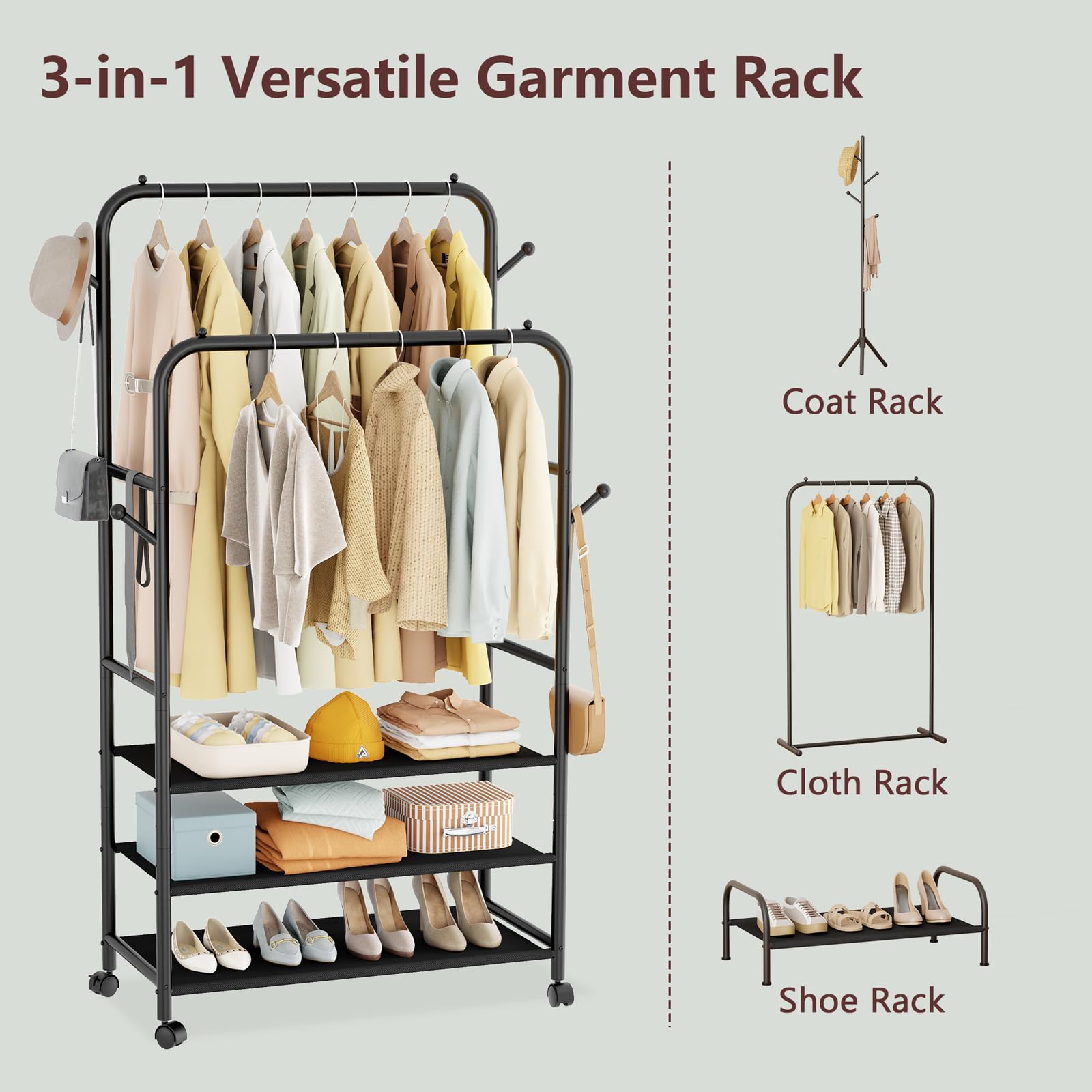 Furologee Double Rods Rolling Garment Rack with 3-Tier Storage Shelf & 4 Hooks - Portable Closet Organizer for Bedroom, Living Room - Black | Perfect for Small Spaces, Laundry Rooms & Apartment Storage