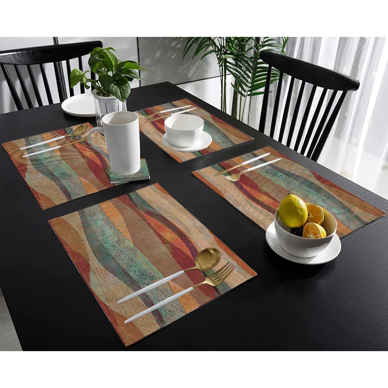 6-Piece Southwest Arizona Travertine Sandstone Placemats Set - Non-Slip, Heat Resistant, Washable Linen Table Mats with Turquoise Stripes for Farmhouse Kitchen Decor | Perfect for Holiday Parties, Dining Tables & Home Entertaining