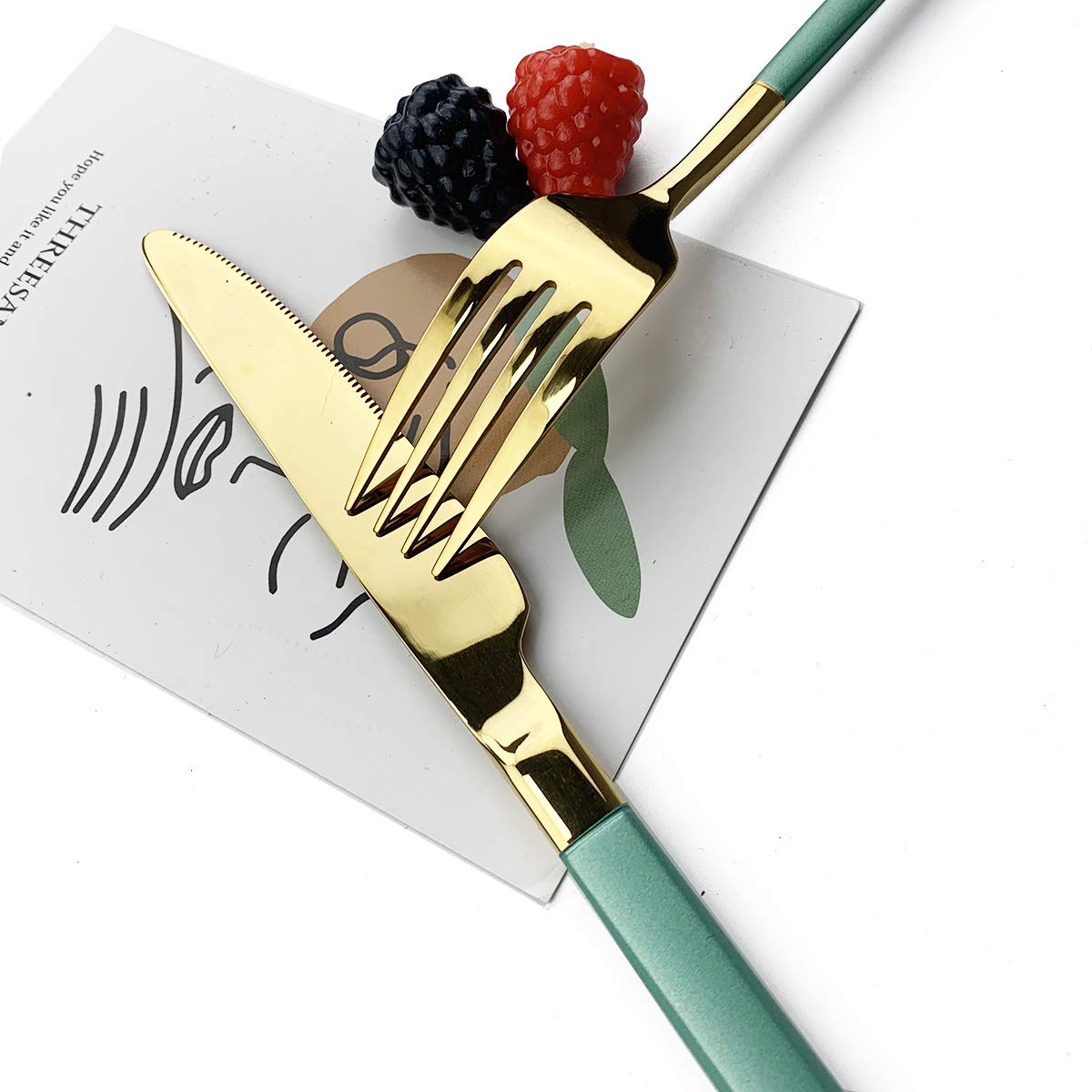 JASHII 5-Piece Modern Silverware Set - 18/10 Stainless Steel Elegant Flatware with Square Edge, Mirror Polished & Dishwasher Safe (Green Gold) - Perfect for Fine Dining, Wedding Gifts & Upscale Kitchen Utensils