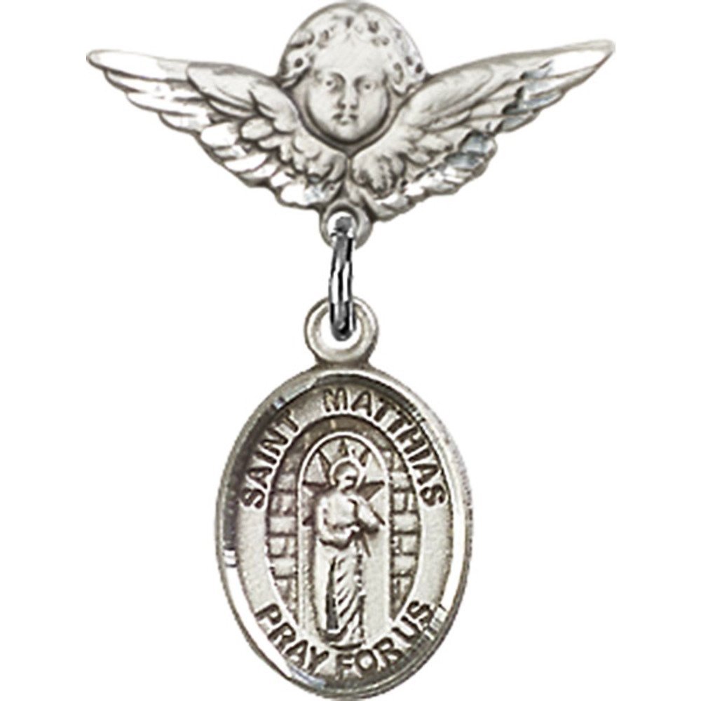 Sterling Silver Baby Badge with St. Matthias The Apostle Charm & Angel Wing Pin - 7/8