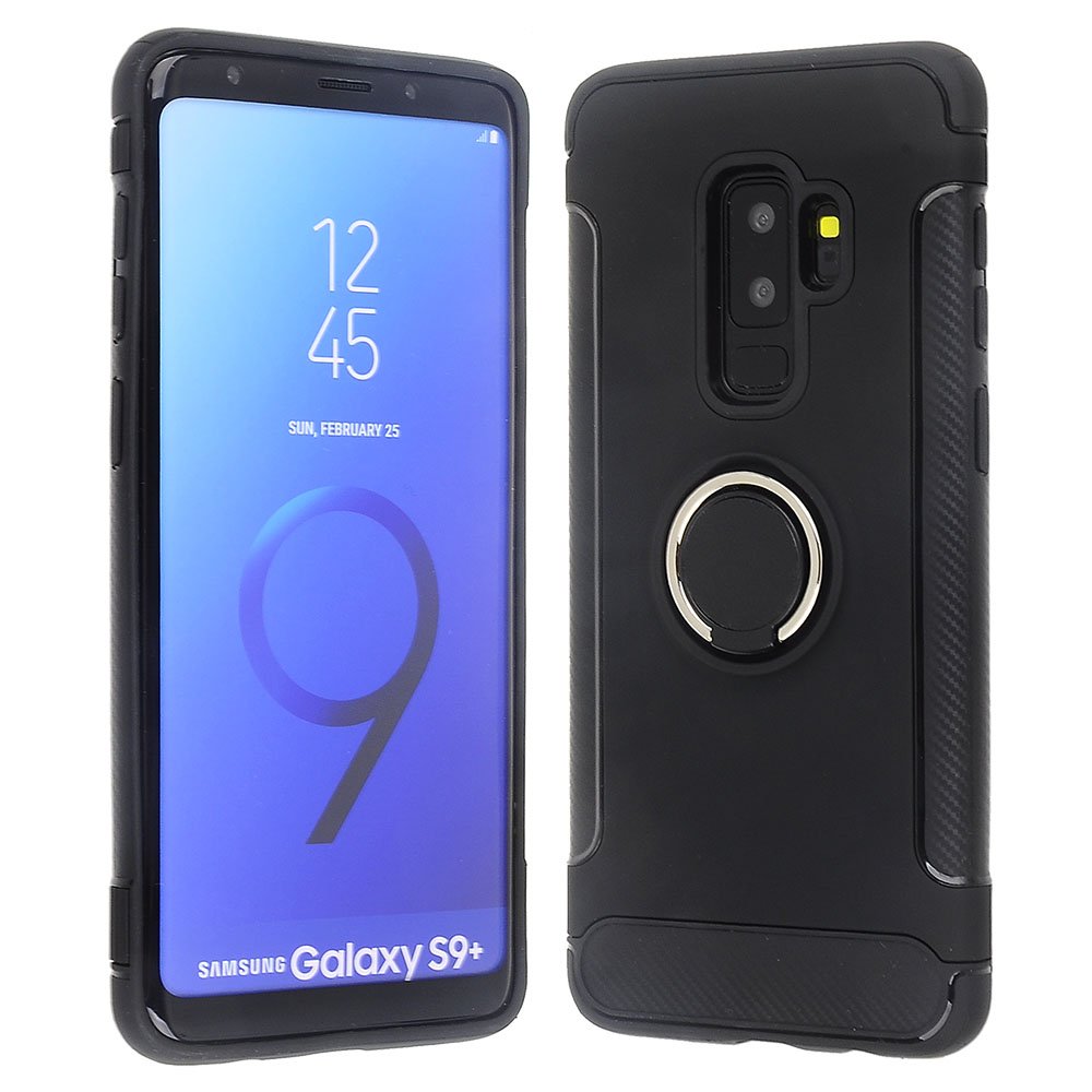 Shockproof Carbon Fiber TPU Case for Samsung Galaxy S9 Plus with Ring Stand - Slim Protective Phone Cover for Galaxy S9+ (Black) | Perfect for Work, Travel & Everyday Use