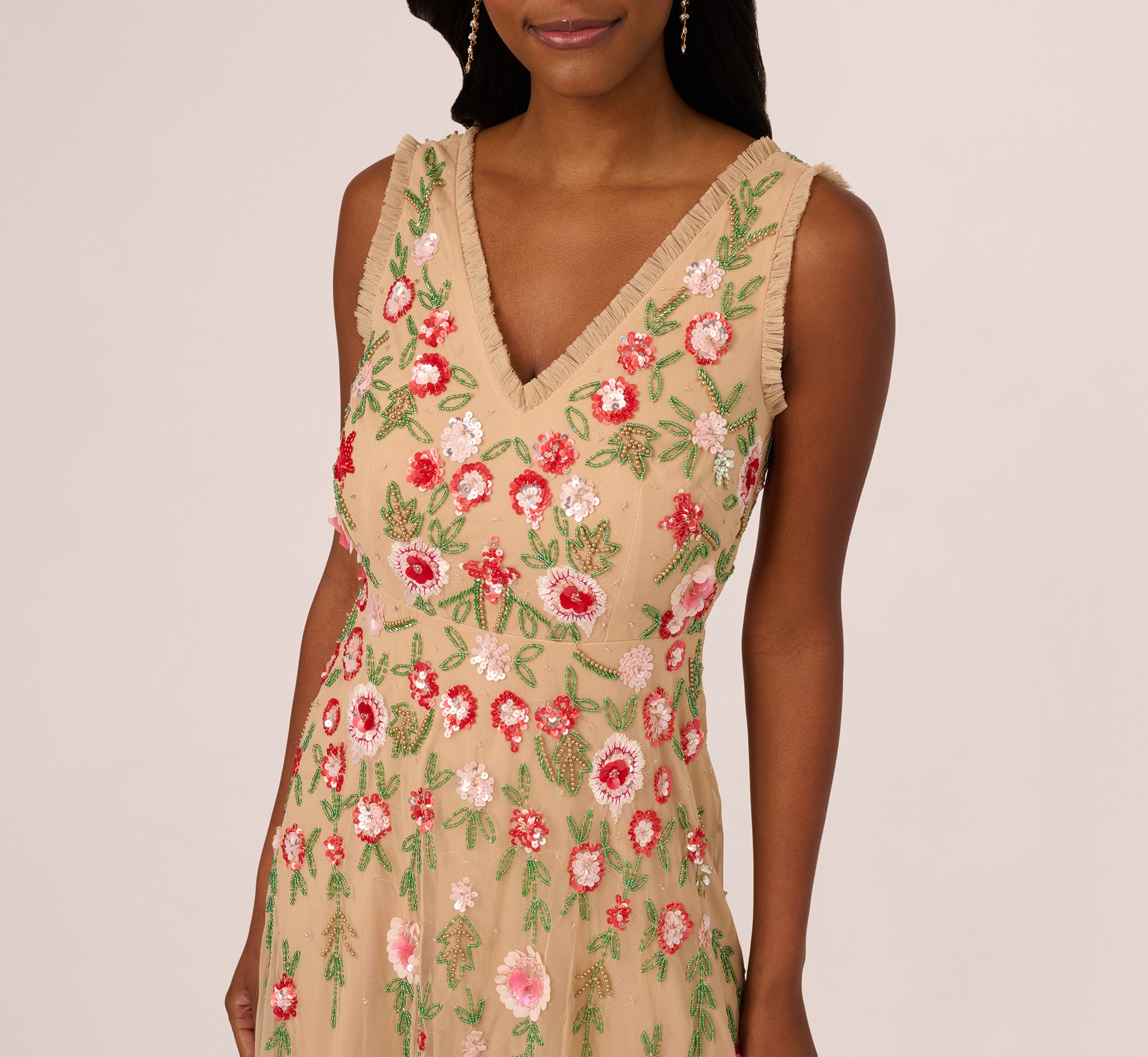 Sleeveless Fringe Trim Floral Bead Midi Dress in Nude Multi - Boho Chic Summer Dress for Beach Parties, Weddings & Date Nights