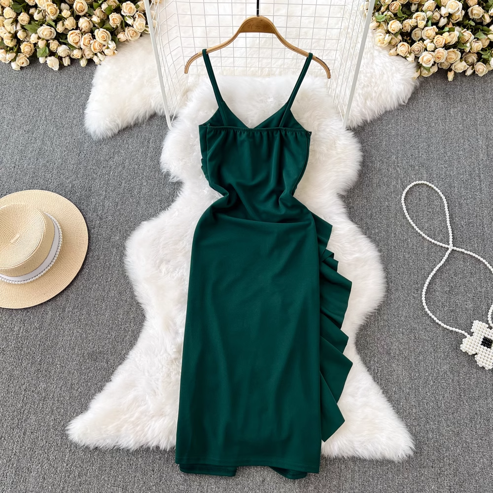 Elegant French-Inspired Thin Strap Long Skirt with Retro Ruffles & High Slit - Vintage Flowy Midi Dress for Women | Perfect for Date Nights, Summer Parties & Boho Chic Outfits