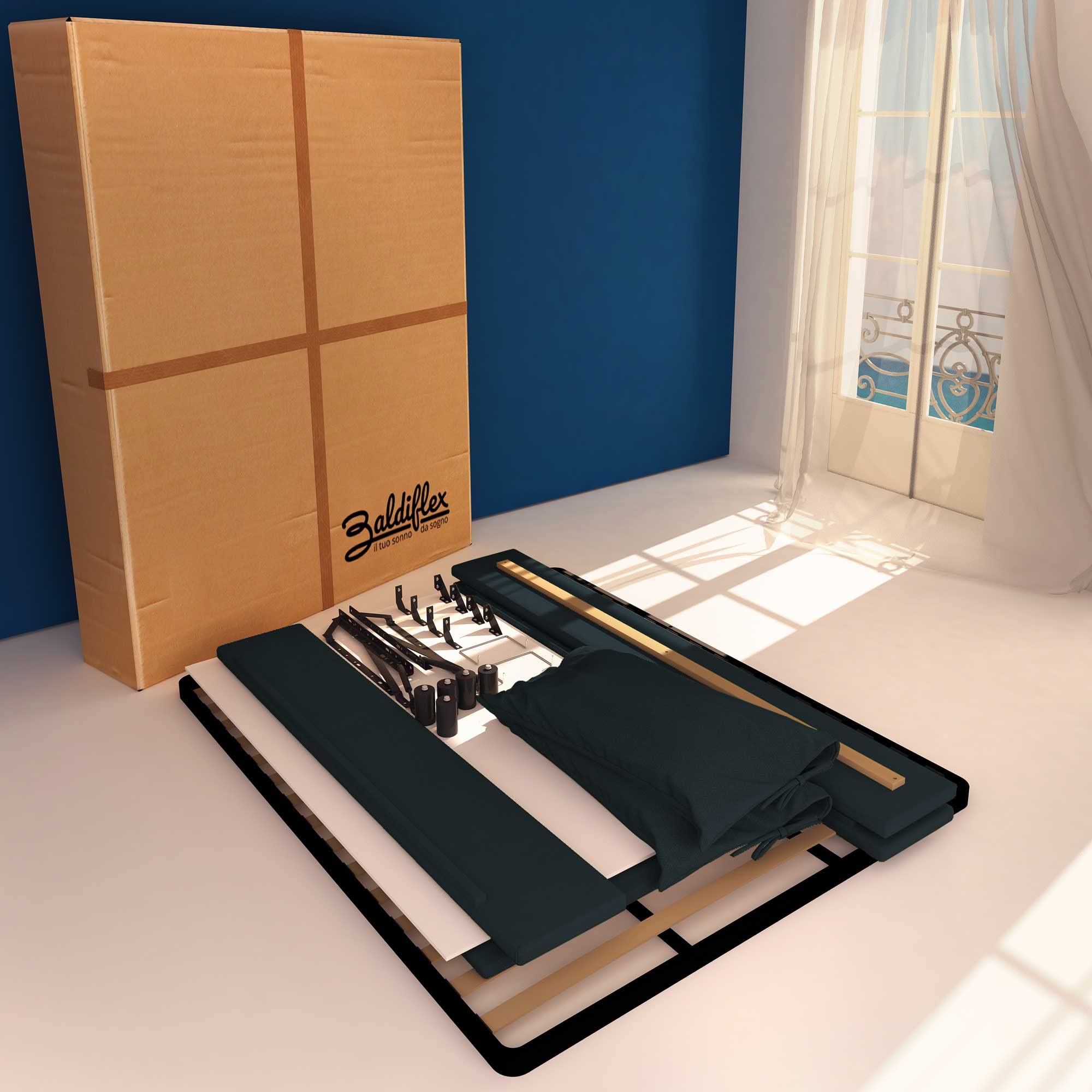 Baldiflex Single Bed Frame with Storage - Licia Soft Synthetic Leather Upholstery, Slatted Base for Single Mattress, 120 x 190 cm, Padded Thin Headboard, Night Blue Color - Perfect for Small Bedrooms, Guest Rooms & Studio Apartments