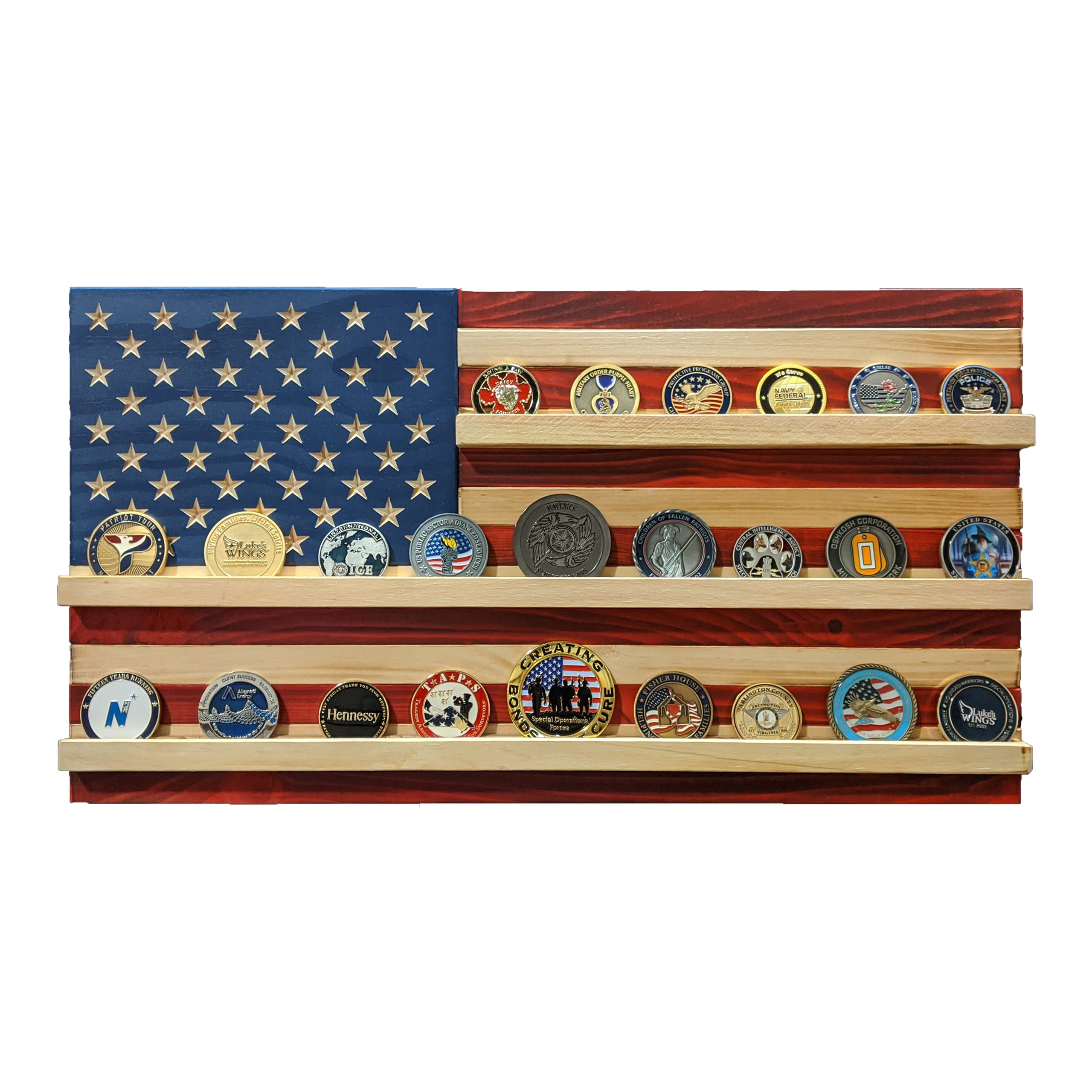 Flags of Valor American Flag Challenge Coin Display - Holds 40 Military Coins | Veteran-Made USA Wall Decor | Ready-to-Hang US Flag (Medium 18.5
