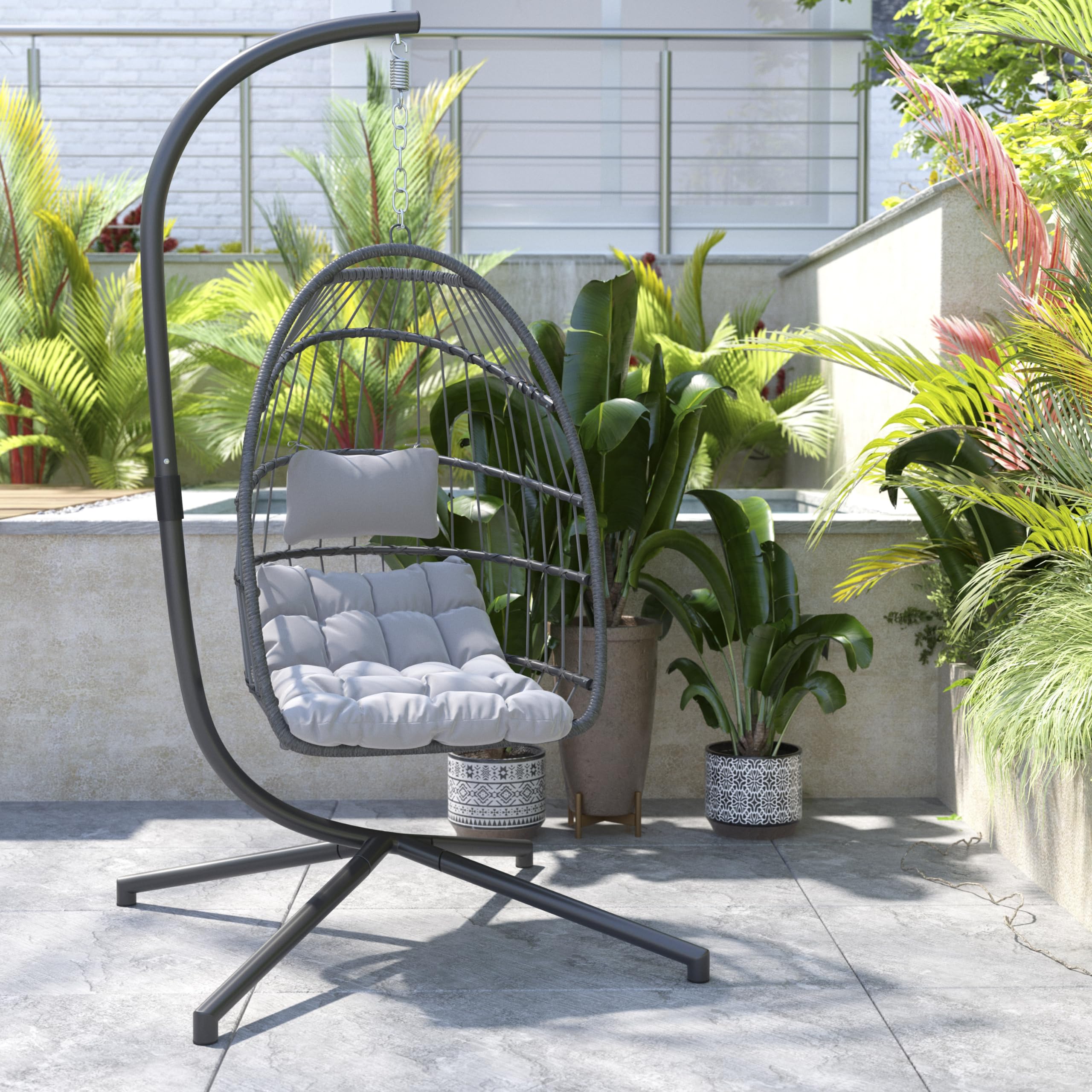 Flash Furniture Cleo Indoor/Outdoor Hanging Egg Chair with Gray Frame & Cushions - Black Powder-Coated C-Stand - Perfect for Patio, Garden, Poolside & Balcony Relaxation
