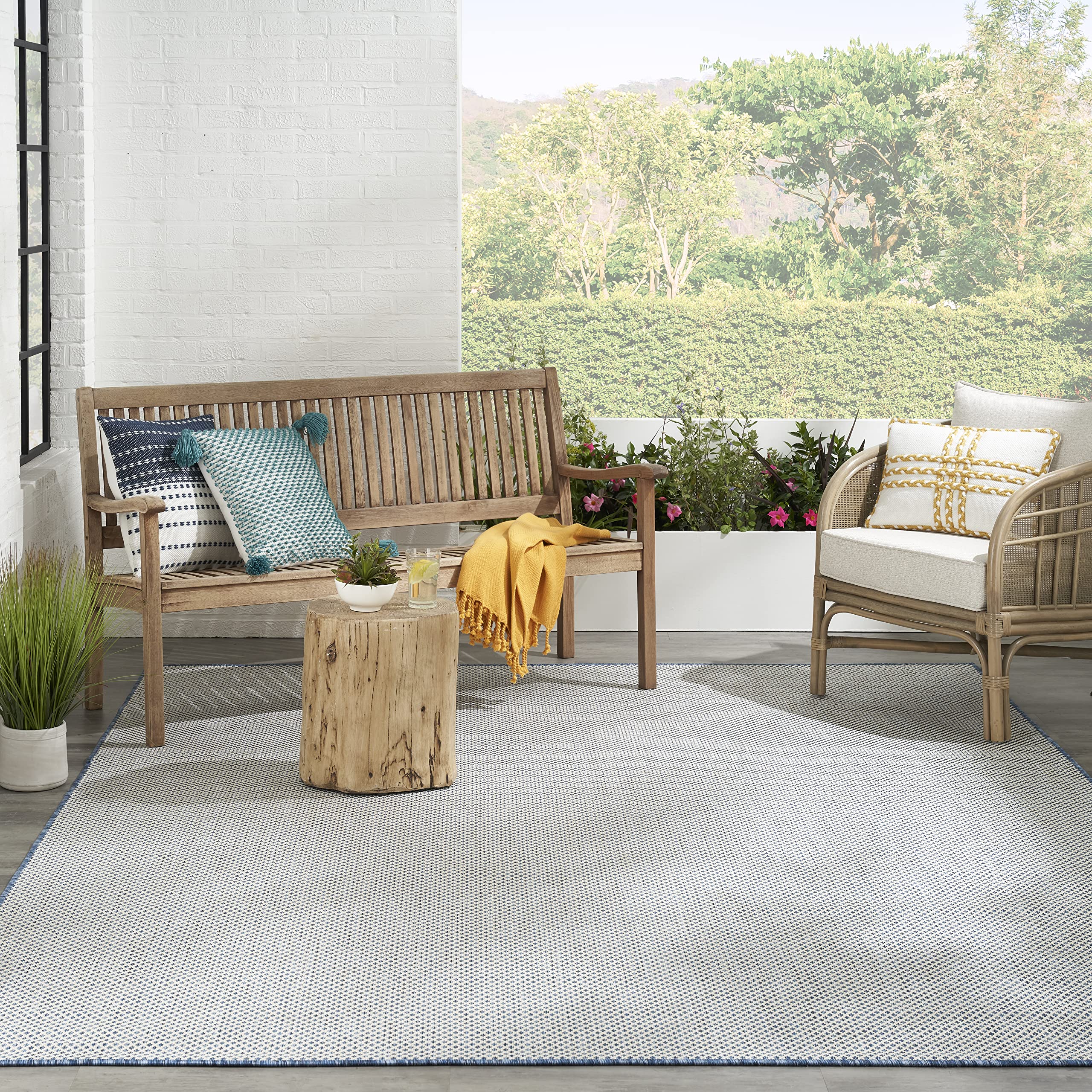 Nourison Courtyard 8' x 10' Indoor/Outdoor Area Rug - Ivory Blue Geometric Design, Easy to Clean, Non-Shedding - Perfect for Bedroom, Living Room, Dining Room, Deck, Patio & Backyard (8x10) | Durable & Stylish Home Decor for All Seasons
