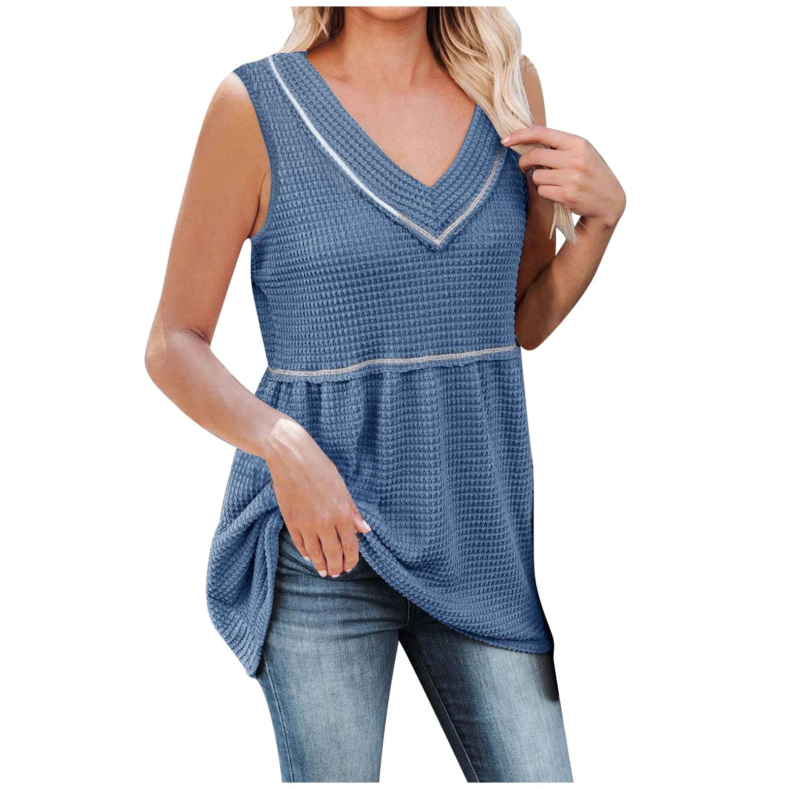Women's Waffle Knit V-Neck Tank Top - Loose Fit Tunic Blouse Casual Flowy Summer Sleeveless Cami Shirt | Perfect for Beach, Vacation & Everyday Wear