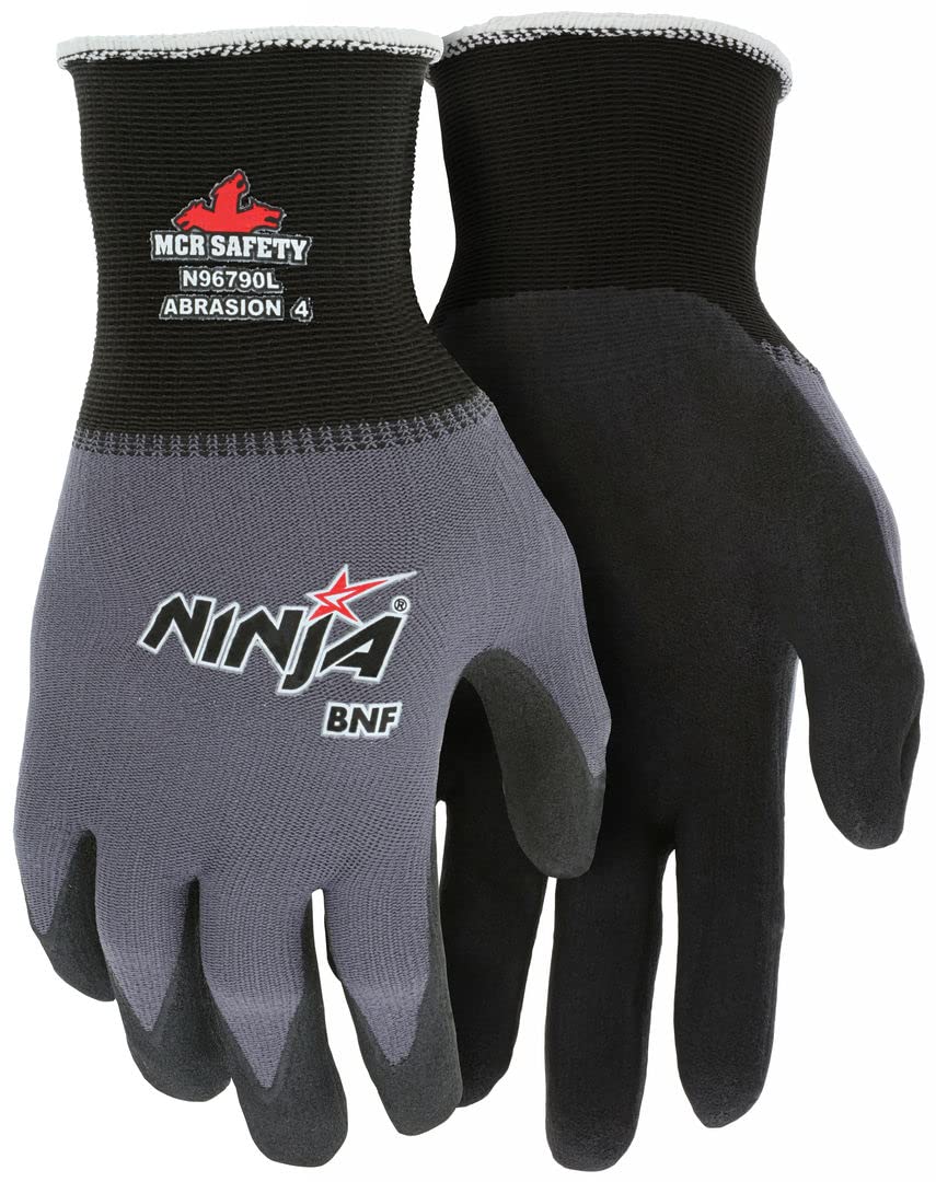 MCR Safety N96790M Ninja BNF 15 Gauge Work Gloves - Nylon/Spandex Shell with NFT Coated Palm & Fingertips - Black/Grey - Medium Size - Durable Hand Protection for Construction, Warehouse & DIY Projects