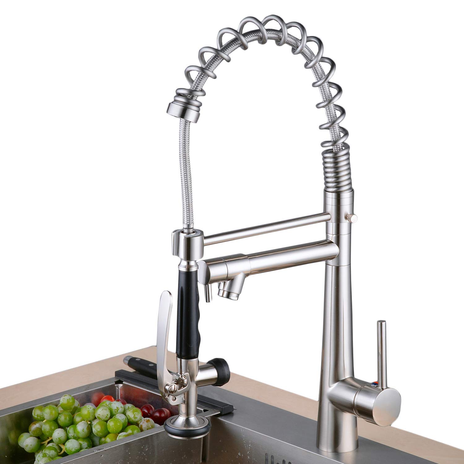 Beelee Commercial Brushed Nickel Brass Single Handle Pull Out Sprayer Kitchen Sink Faucet with 2-Mode Sprayer - Perfect for Restaurant, Home Kitchen & Bar Sink Installation