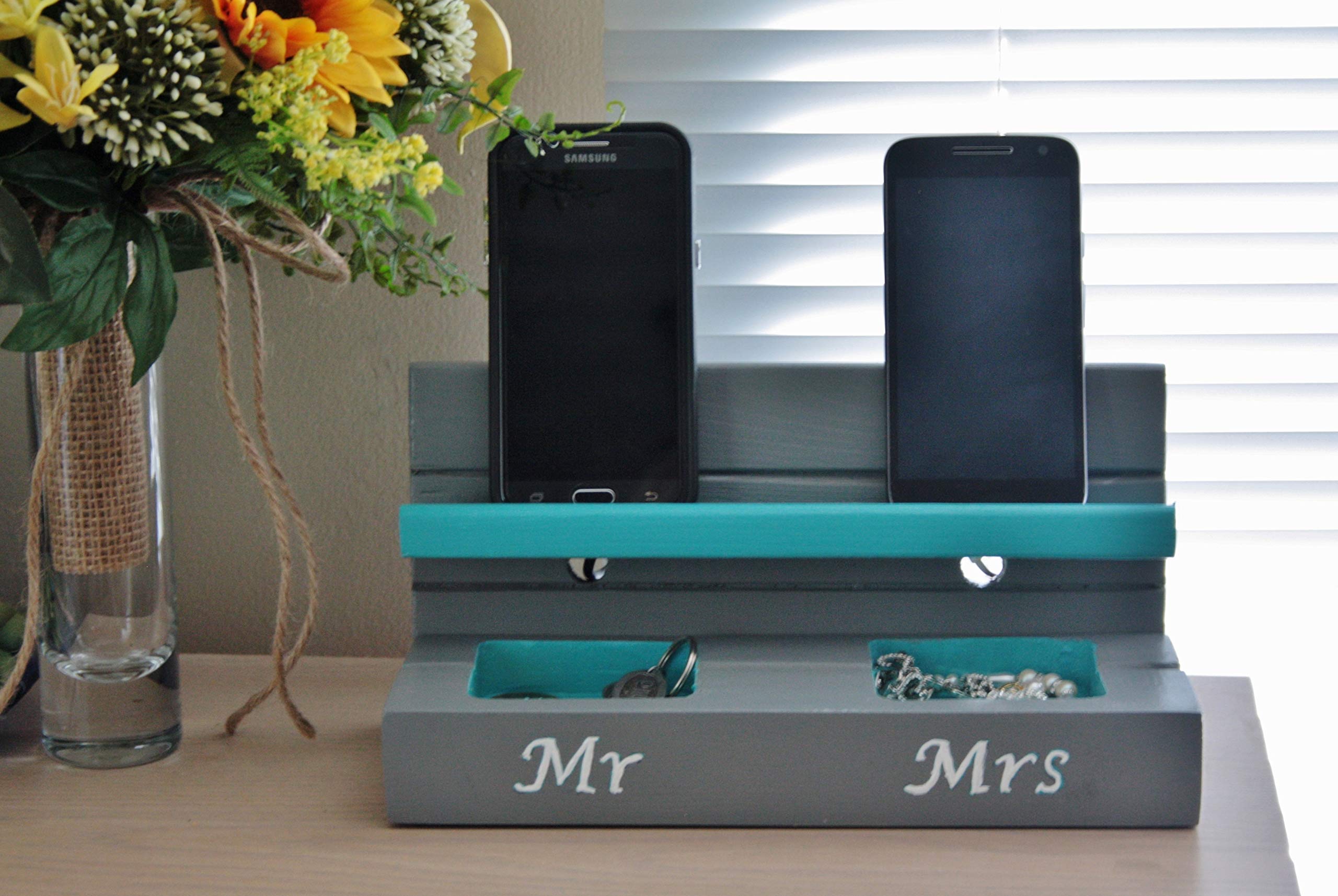 Handmade Gray & Turquoise Cell Phone Stand & Charging Station - Holds & Charges 2 Phones - Nightstand Organizer - Perfect Gift for Couples (Mr & Mrs) - Ideal for Bedroom, Office & Travel Accessories