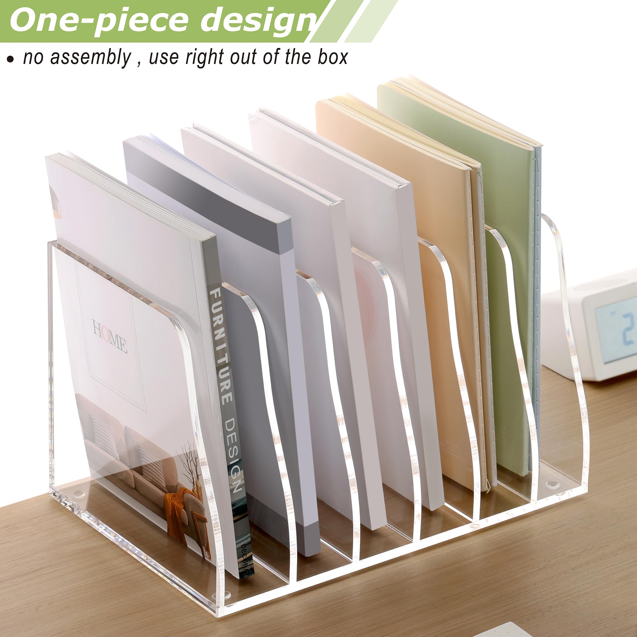 SANRUI Clear Acrylic Desk File Organizer - 6 Vertical Compartments Magazine Holder, Office Document Organizer for Papers, Folders & Stationery - Perfect for Workspace, Home Office & School Organization