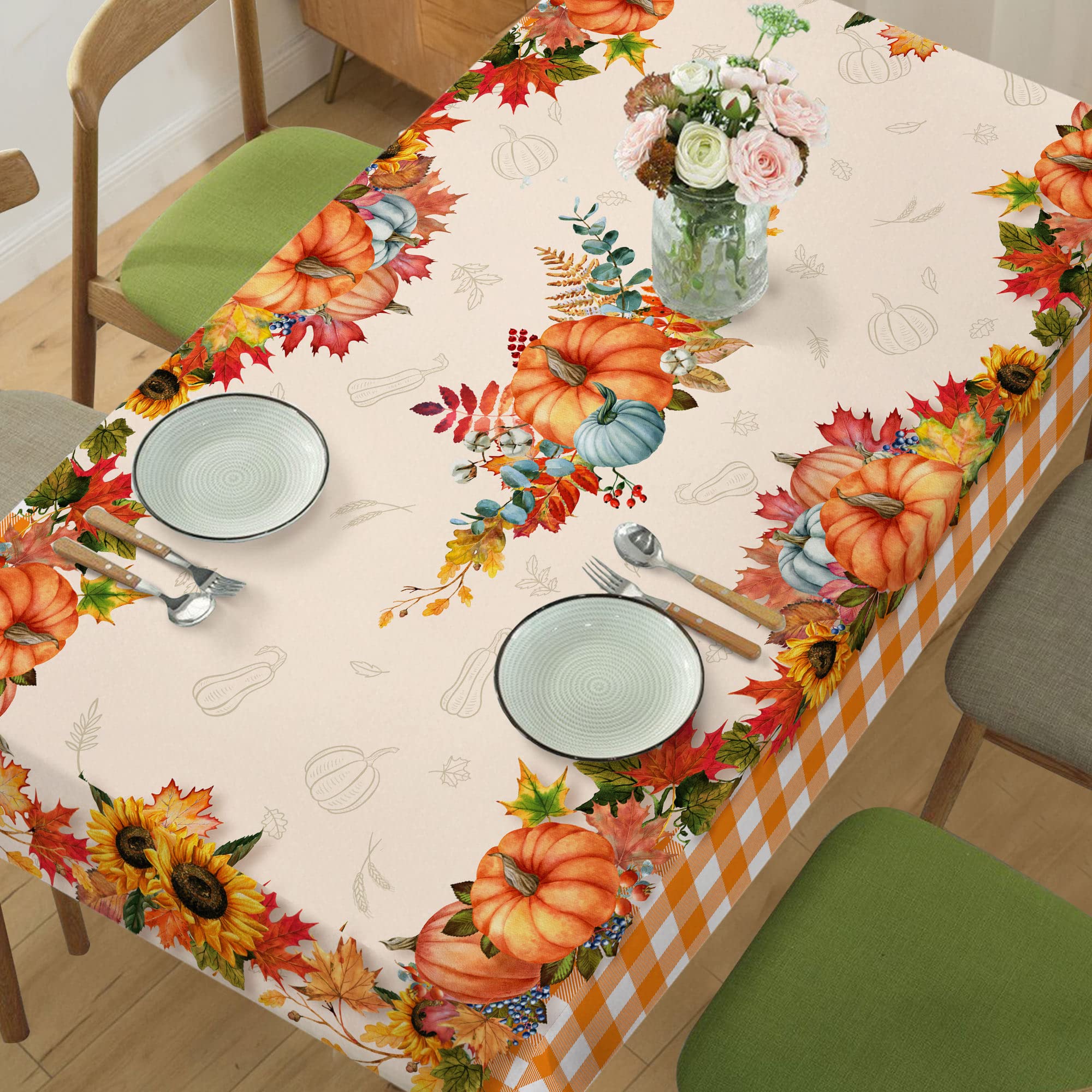 Fall Tablecloth 60x84 - Vintage Floral Autumn Table Cover for Farmhouse Dining, Washable Polyester Rectangle Tablecloth with Pumpkin & Maple Leaf Design - Perfect for Thanksgiving Dinner, Outdoor Picnics, and Seasonal Home Decor