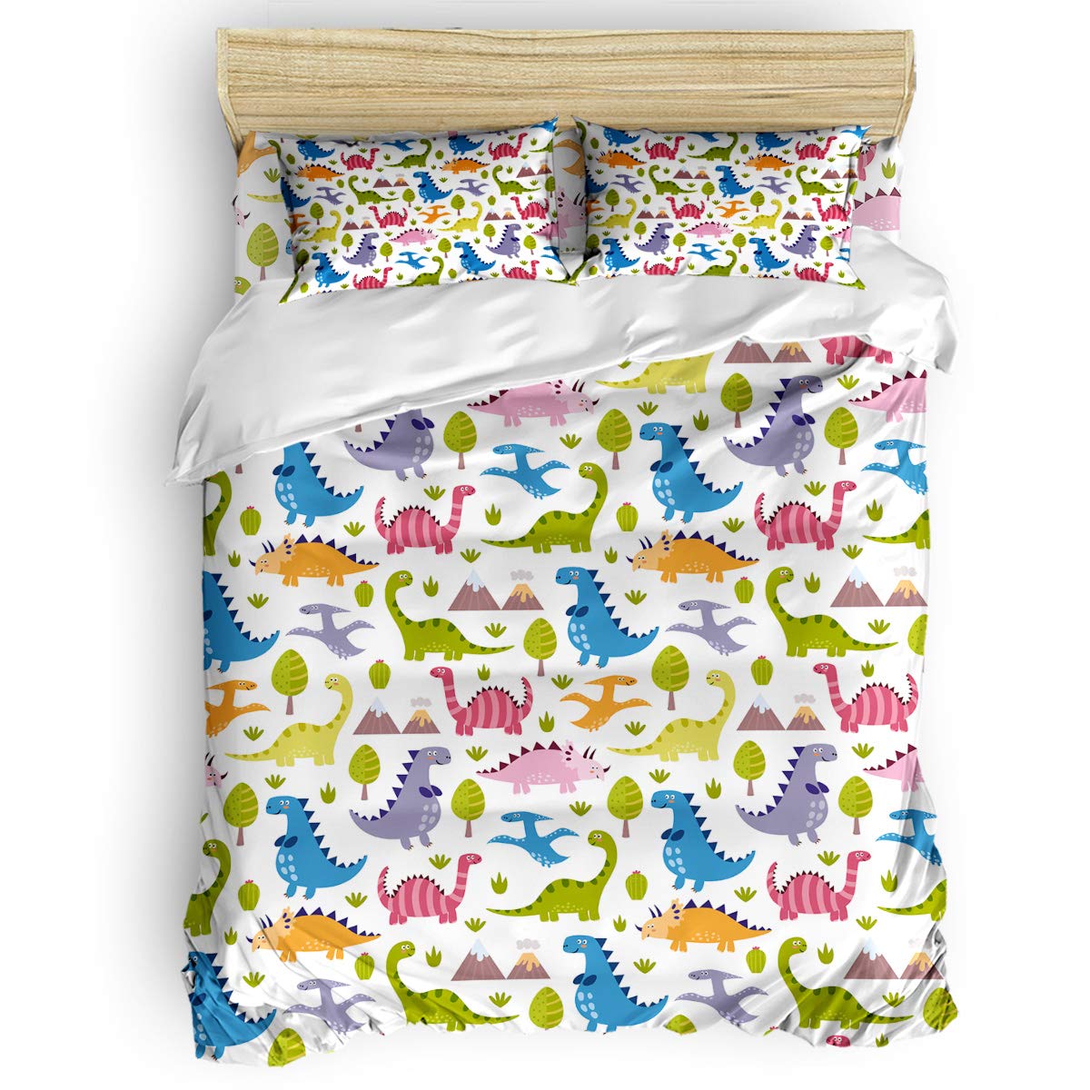 Laibao Home 4-Piece Soft Cartoon Dinosaur Printed Bedding Set - Queen Size Duvet Cover, Flat Sheet & Pillowcases for Kids, Teens & Adults | Perfect for Kids' Rooms, Guest Bedrooms & Dorm Decor