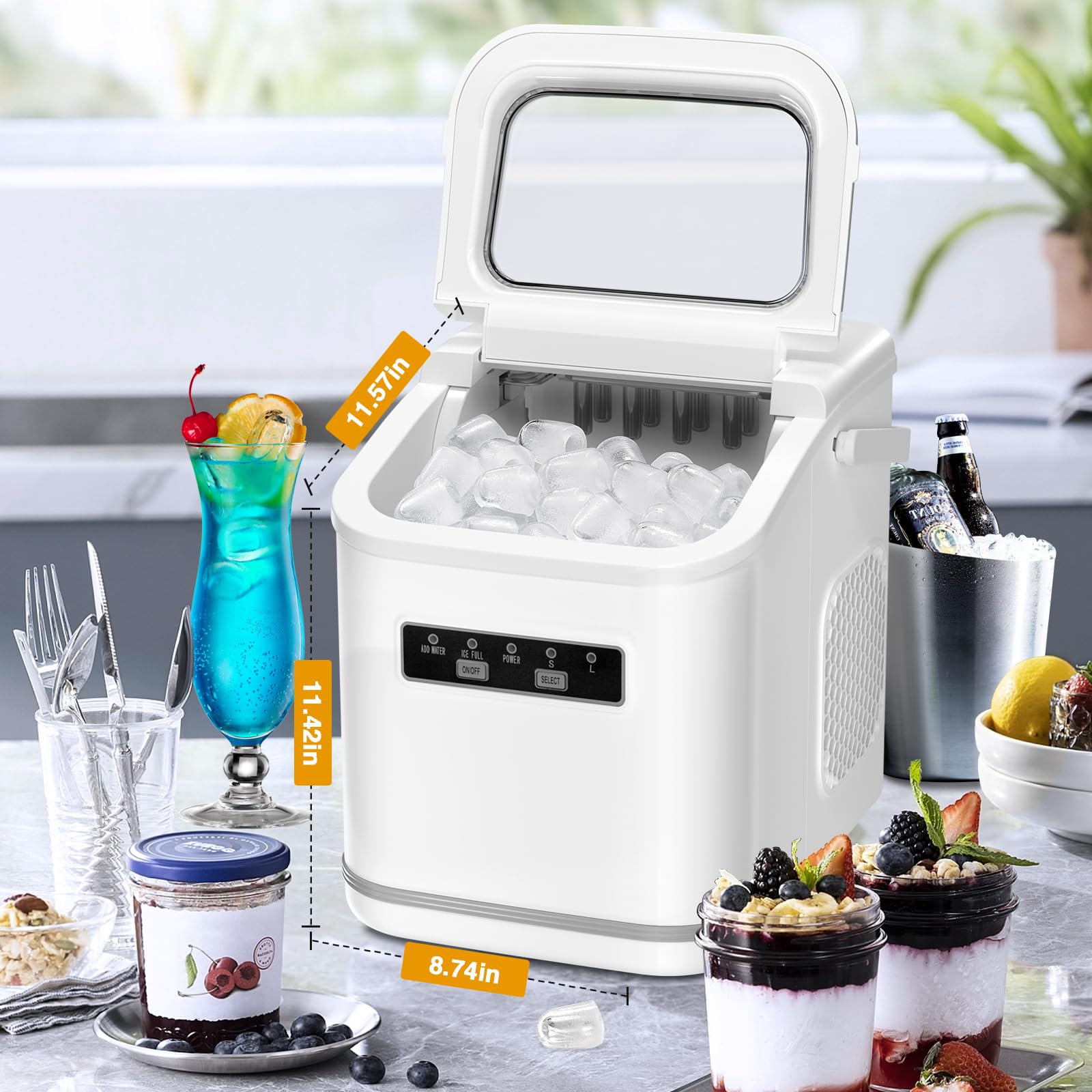 Portable Self-Cleaning Countertop Ice Maker Machine - 9 Cubes in 6 Minutes, 26.5lbs/24h Output - 2 Ice Cube Sizes (Bullet & Cube) with Scoop & Basket - Perfect for Home Kitchen, Office, Bar, Parties & Outdoor Events (White)