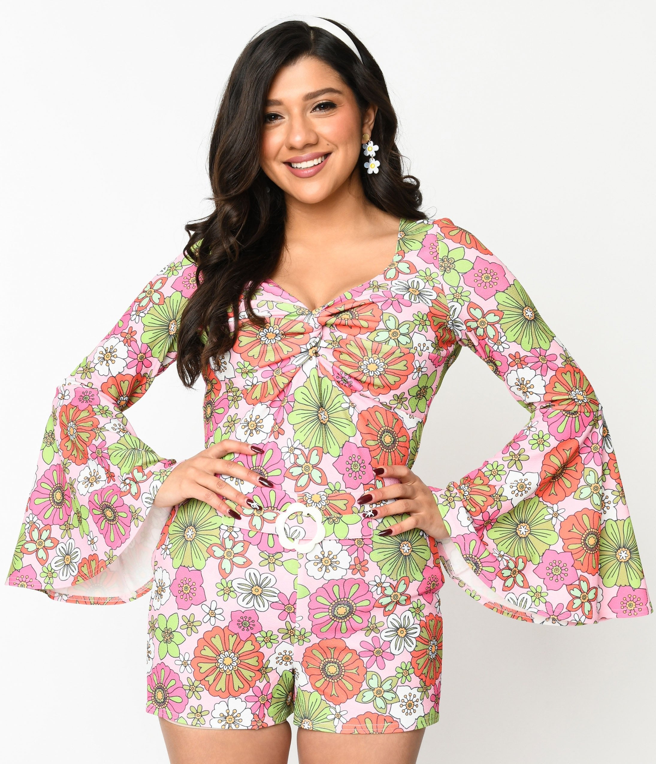 Smak Parlour 1960s Pink Retro Bloom Trumpet Sleeve Top - Vintage 60s Floral Blouse for Women | Perfect for Retro Parties, Themed Events & Boho Fashion