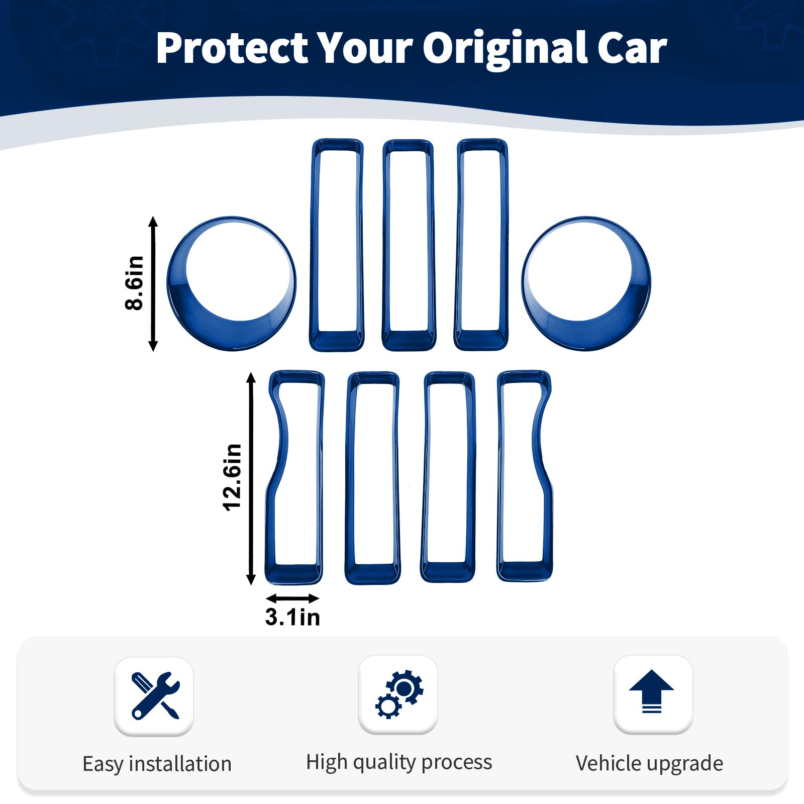 RT-TCZ Mesh Front Grille Grill Insert & Headlight Cover Trim for Jeep Wrangler JL/JLU (2018-2022) - 9-Piece Blue Exterior Accessories Kit - Off-Road Protection & Custom Styling Upgrade