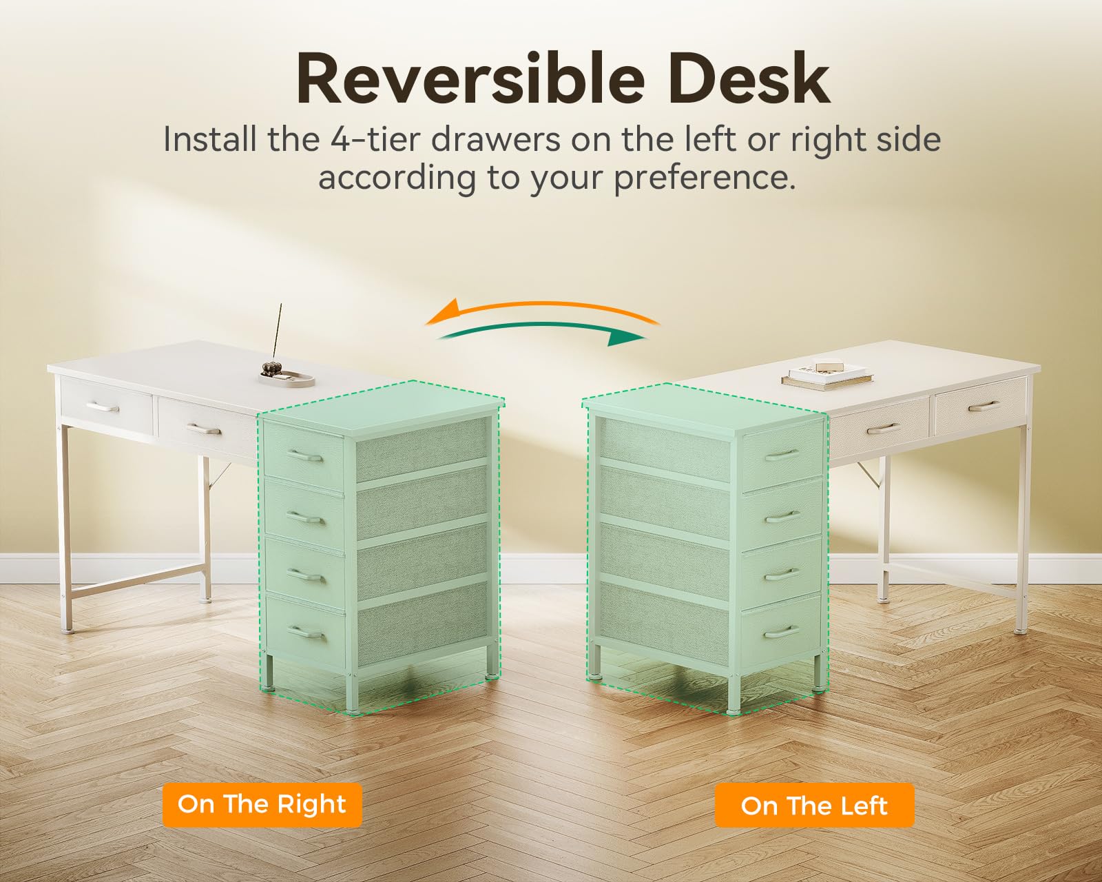ODK 40 Inch Computer Desk with 6 Storage Drawers, Reversible Small Office Desk with Headphone Hook - White Study Table for Home Office, Bedroom & Small Spaces - Perfect for Remote Work, Gaming & Online Learning