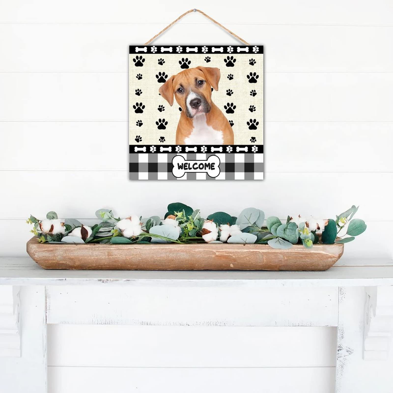 12x12 Inch Rustic Wood Signs - Boxer Dog Paw Welcome Farmhouse Wall Art Hanging Plaque for Door, Kitchen, Dining Room | Handmade Wooden Home Decor for Country House, Cabin & Pet Lovers