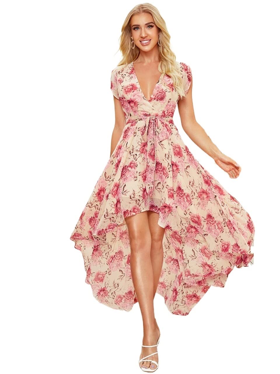 2022 Women's Summer Floral Dress - Surplice Neck, Belted Waist & Asymmetrical Hem | Casual Beachwear, Garden Party & Vacation Outfit
