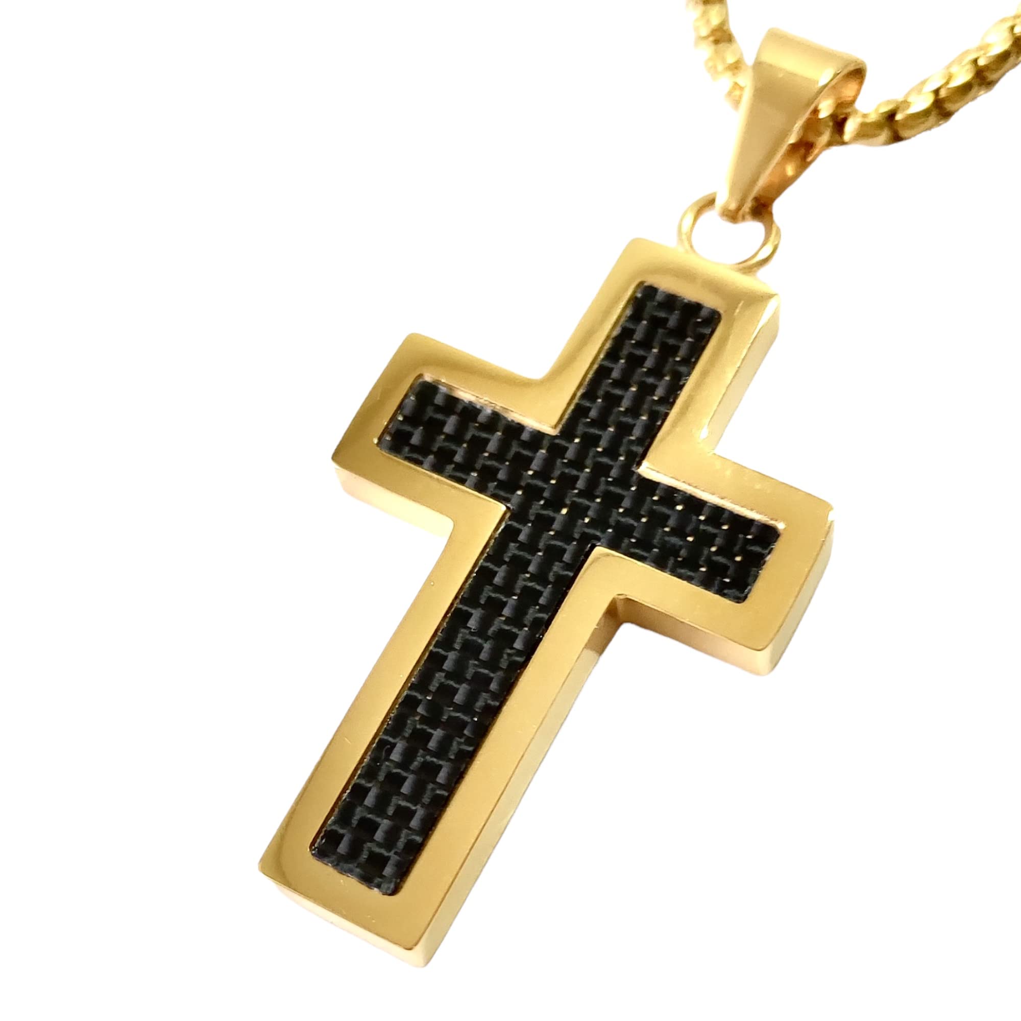 Stainless Steel & Black Carbon Fiber Cross Pendant Necklace for Men - 18