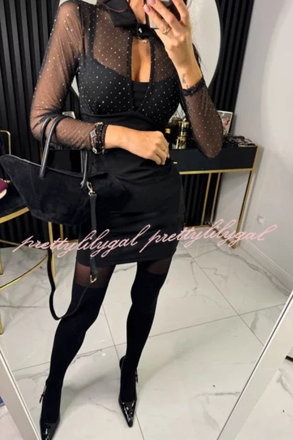 Stevie Mesh Glitter Fabric Cutout Shirt Neck Long Sleeve Stretch Mini Dress for Women | Party, Club, Night Out, Date Night, Special Occasion Outfit