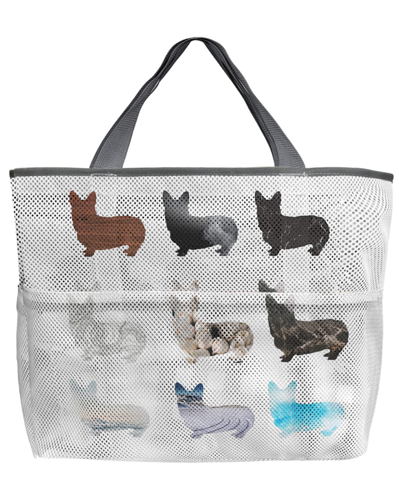 Cute Corgi Dog Mesh Beach Tote Bag - 60L Oversized Quick-Dry Swim Bag with Pockets, Foldable Lightweight Grocery Storage Net Bag (24