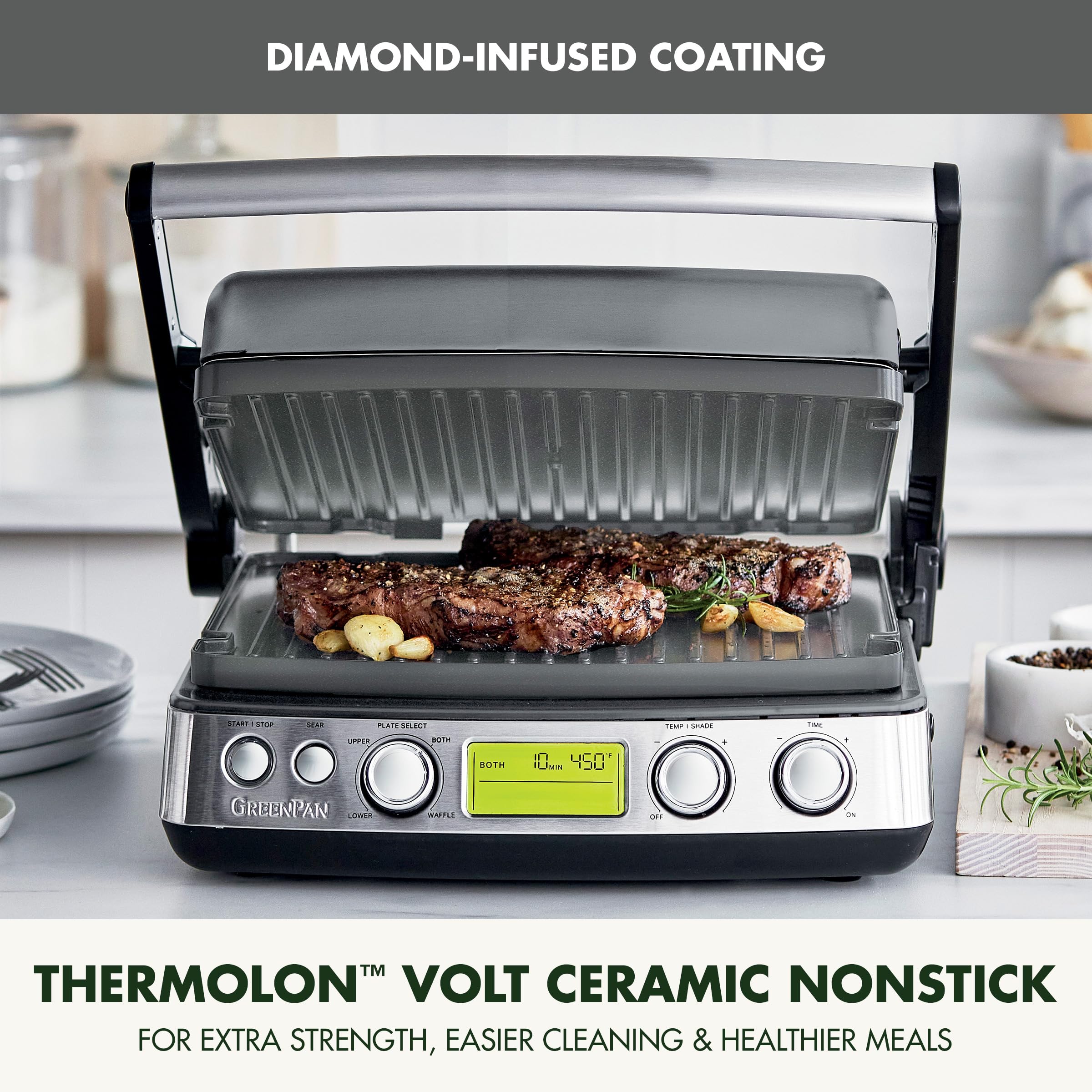 GreenPan Elite 7-in-1 Multi-Function Contact Grill & Griddle - Healthy Ceramic Nonstick Aluminum Surface with Interchangeable Grill & Waffle Plates - Adjustable Temperature Control for Perfect Cooking - PFAS-Free & Eco-Friendly - Ideal for Paninis, Waffles, Burgers & Family Breakfasts
