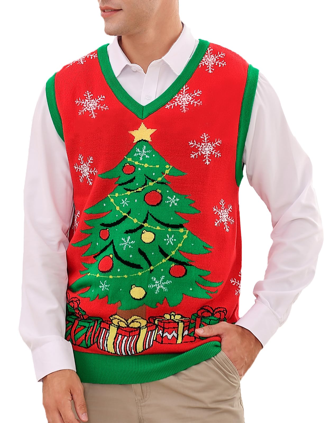 Raisevern Funny Ugly Christmas Sweater Vest for Men - Festive Knitted V-Neck Holiday Jumper - Perfect for Xmas Parties & Family Gatherings